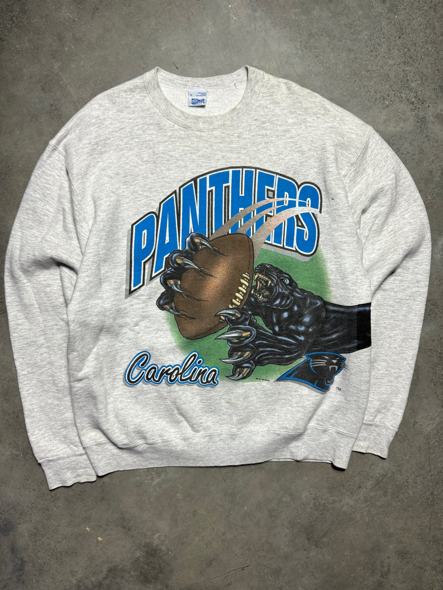 1994 Carolina Panthers Vintage Heather Grey Salem Sportswear Wrap Around NFL Crewneck (XL)