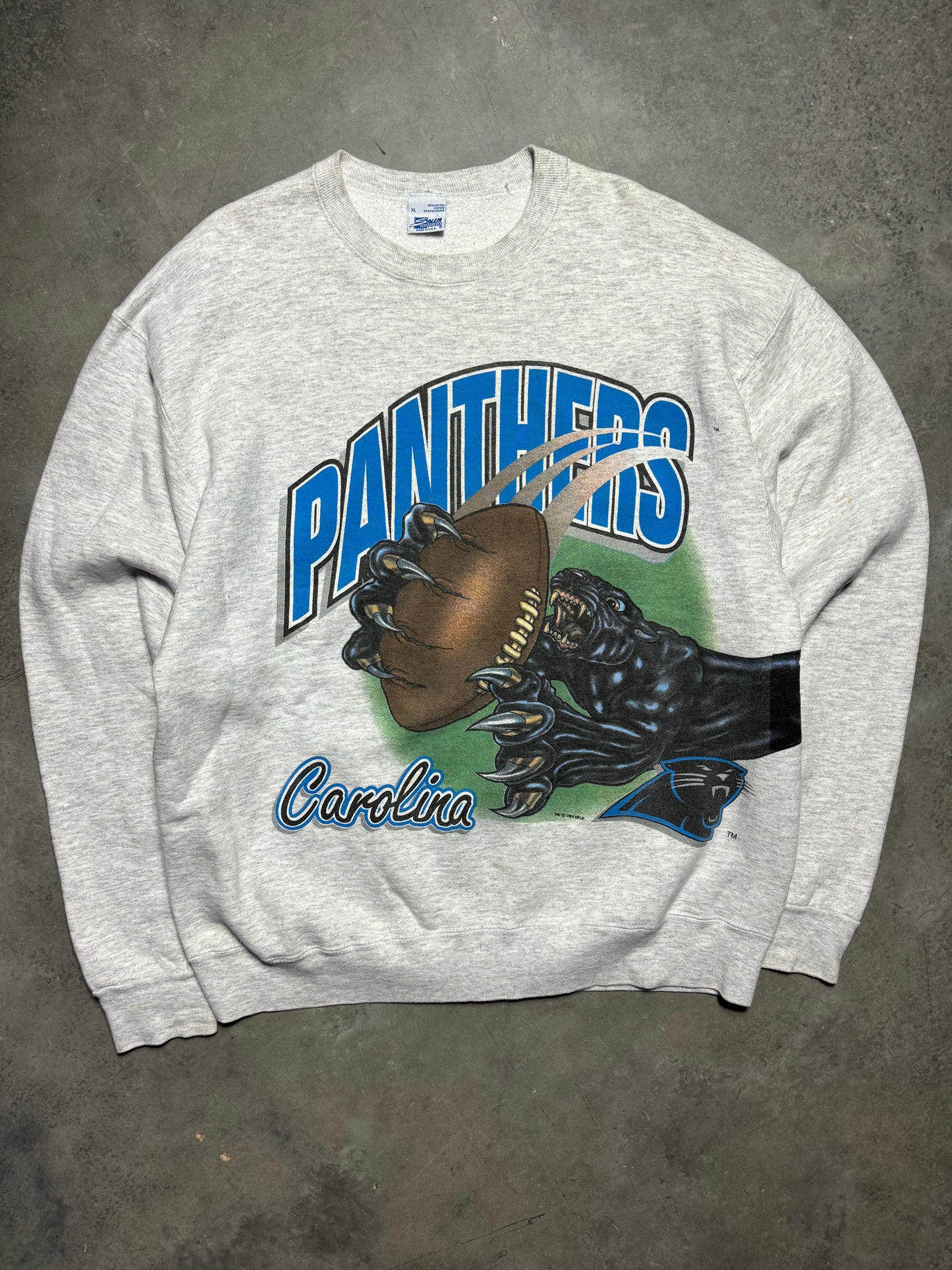 1994 Carolina Panthers Vintage Heather Grey Salem Sportswear Wrap Around NFL Crewneck (XL)