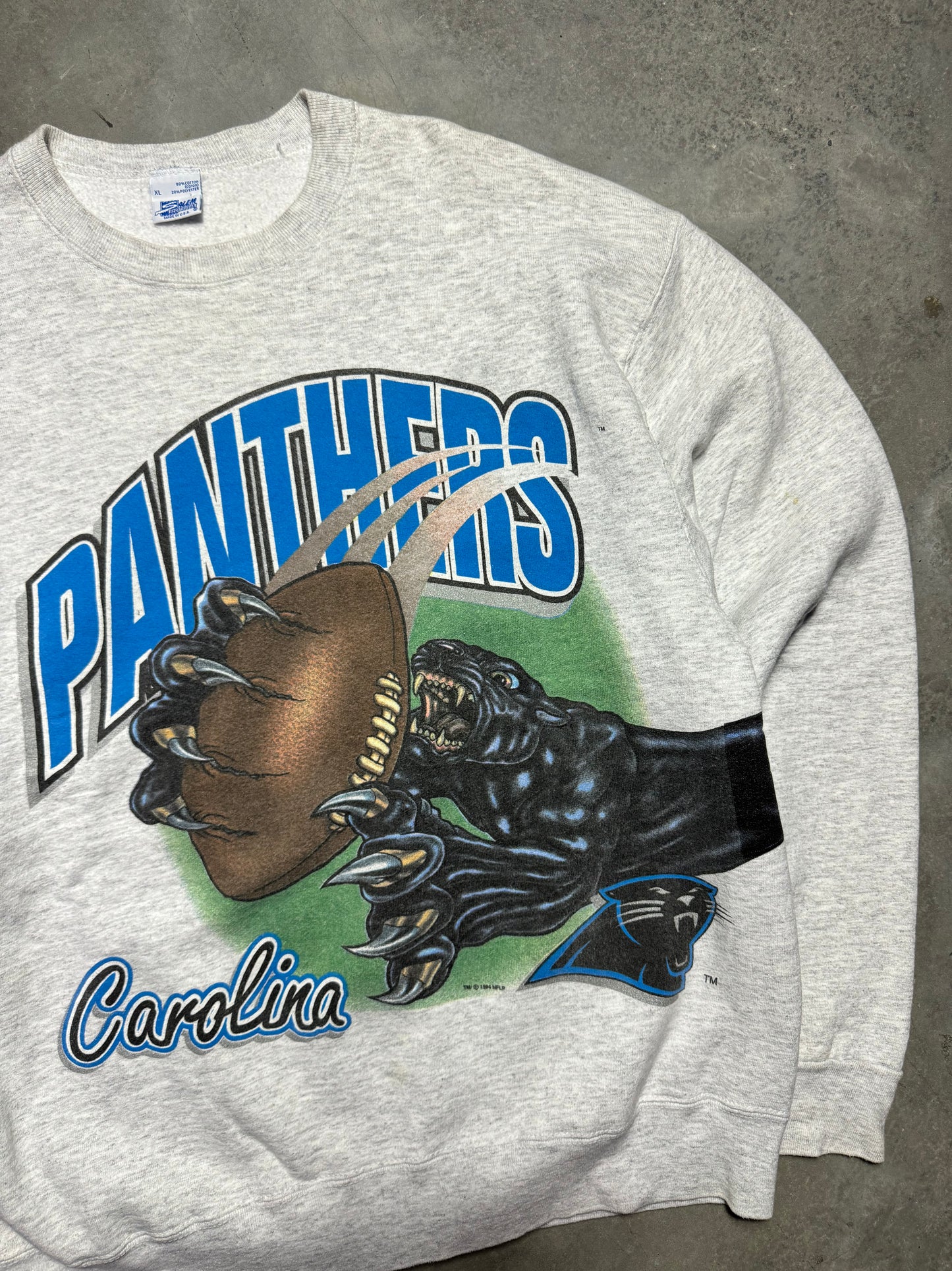 1994 Carolina Panthers Vintage Heather Grey Salem Sportswear Wrap Around NFL Crewneck (XL)