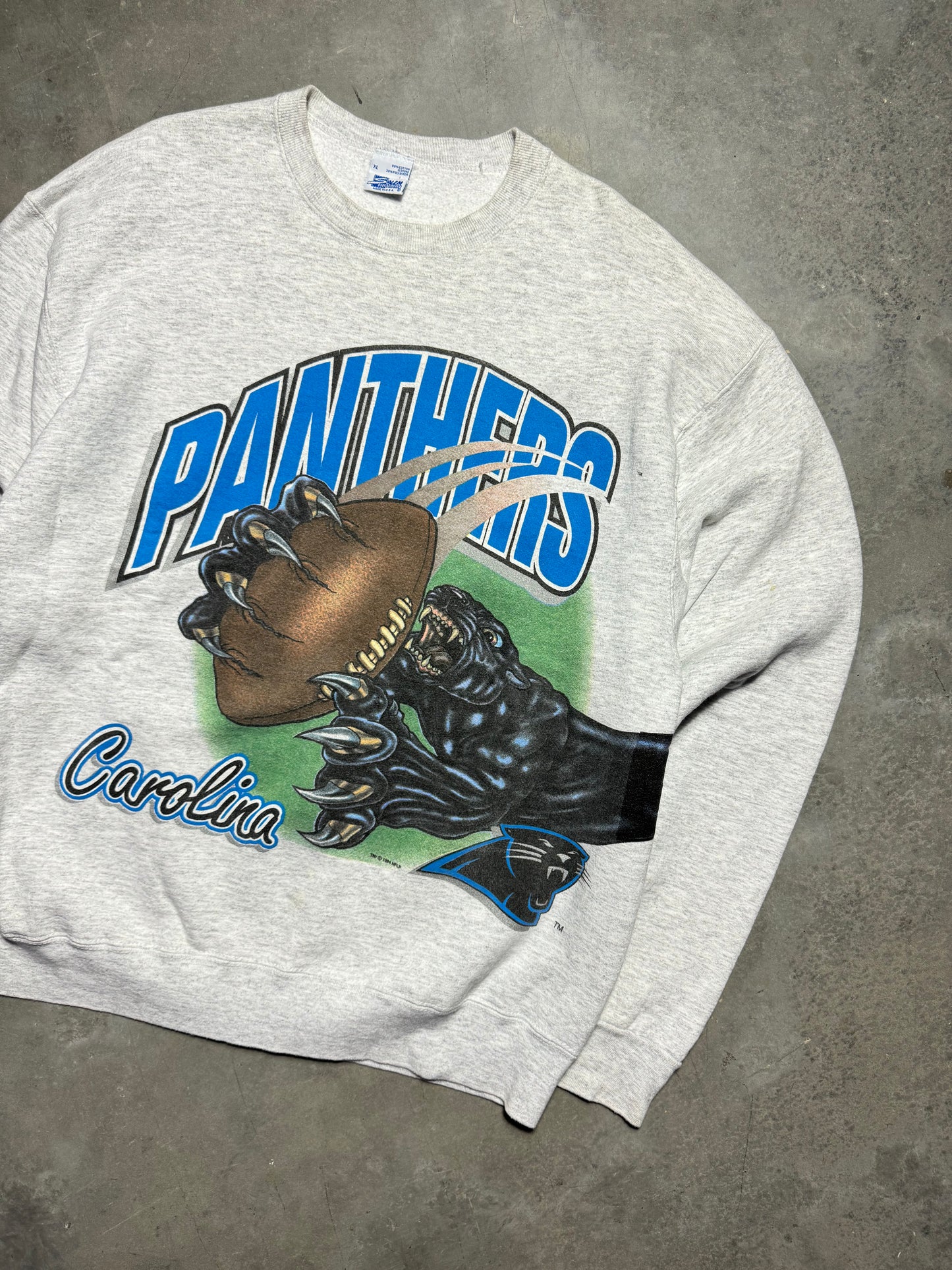 1994 Carolina Panthers Vintage Heather Grey Salem Sportswear Wrap Around NFL Crewneck (XL)