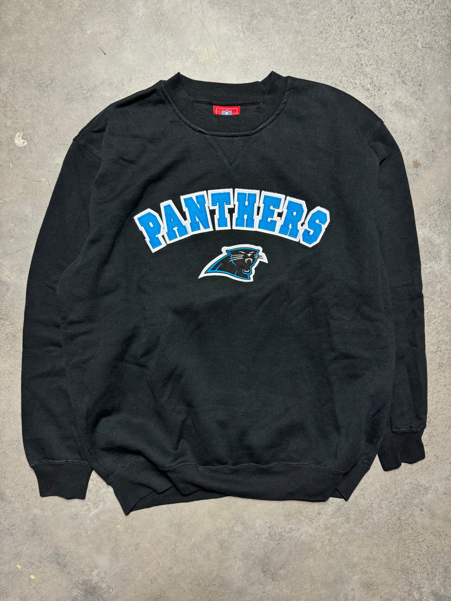 00’s Carolina Panthers Vintage Black Embroidered Arch Spellout NFL Crewneck (Large)