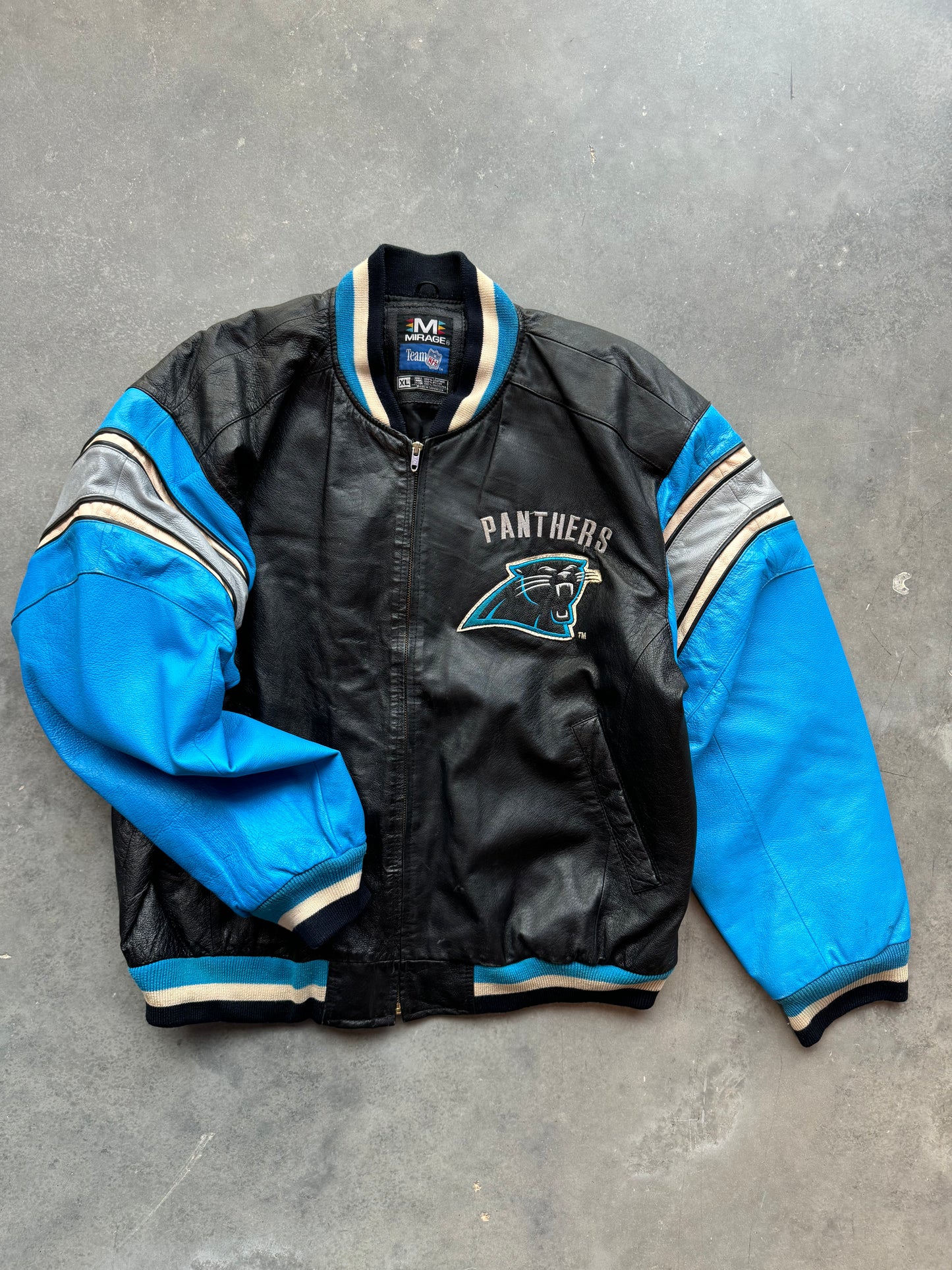 90’s Carolina Panthers Mirage Sportswear Vintage Heavyweight Genuine Leather NFL Jacket (XL)