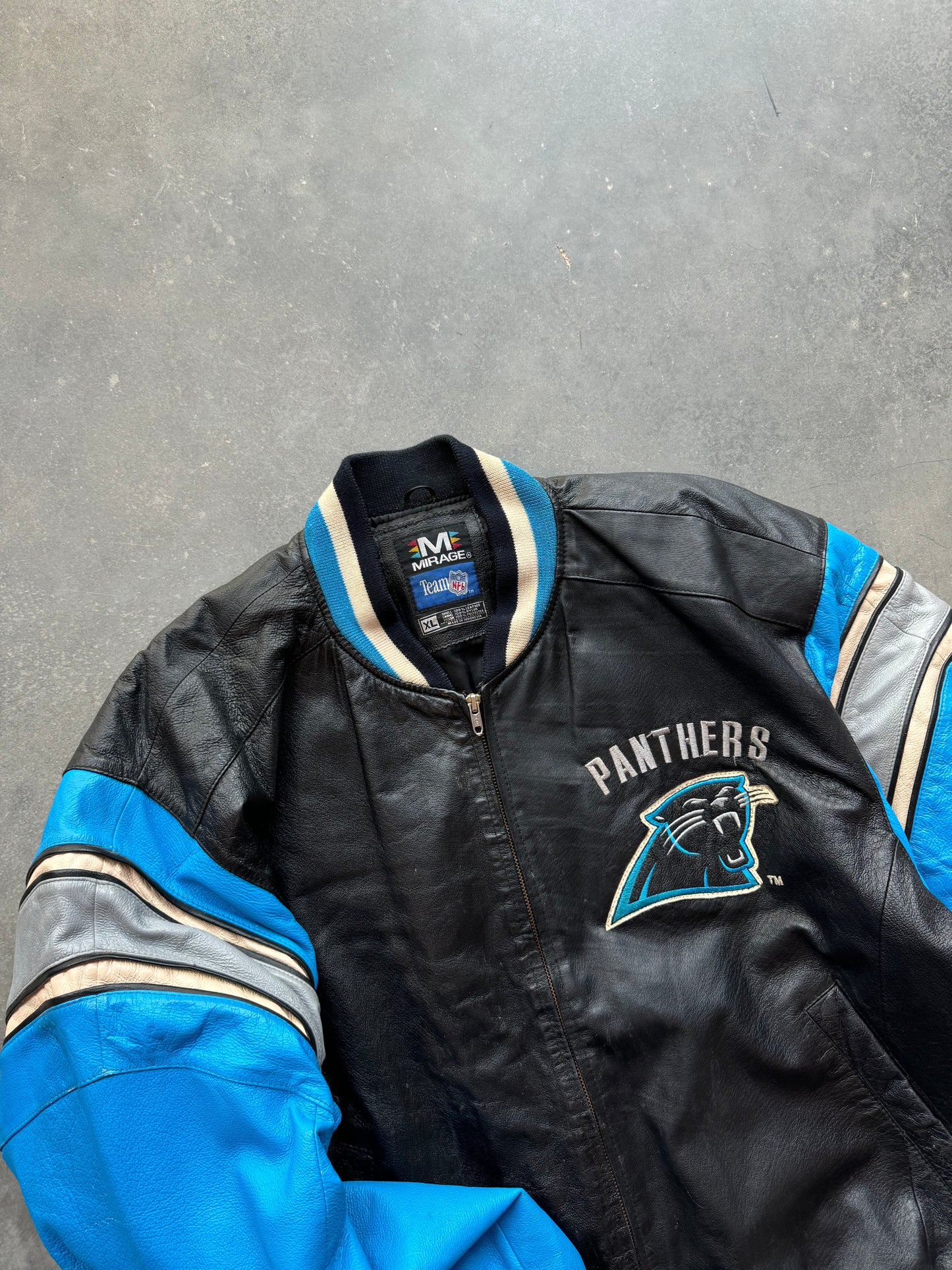 90’s Carolina Panthers Mirage Sportswear Vintage Heavyweight Genuine Leather NFL Jacket (XL)