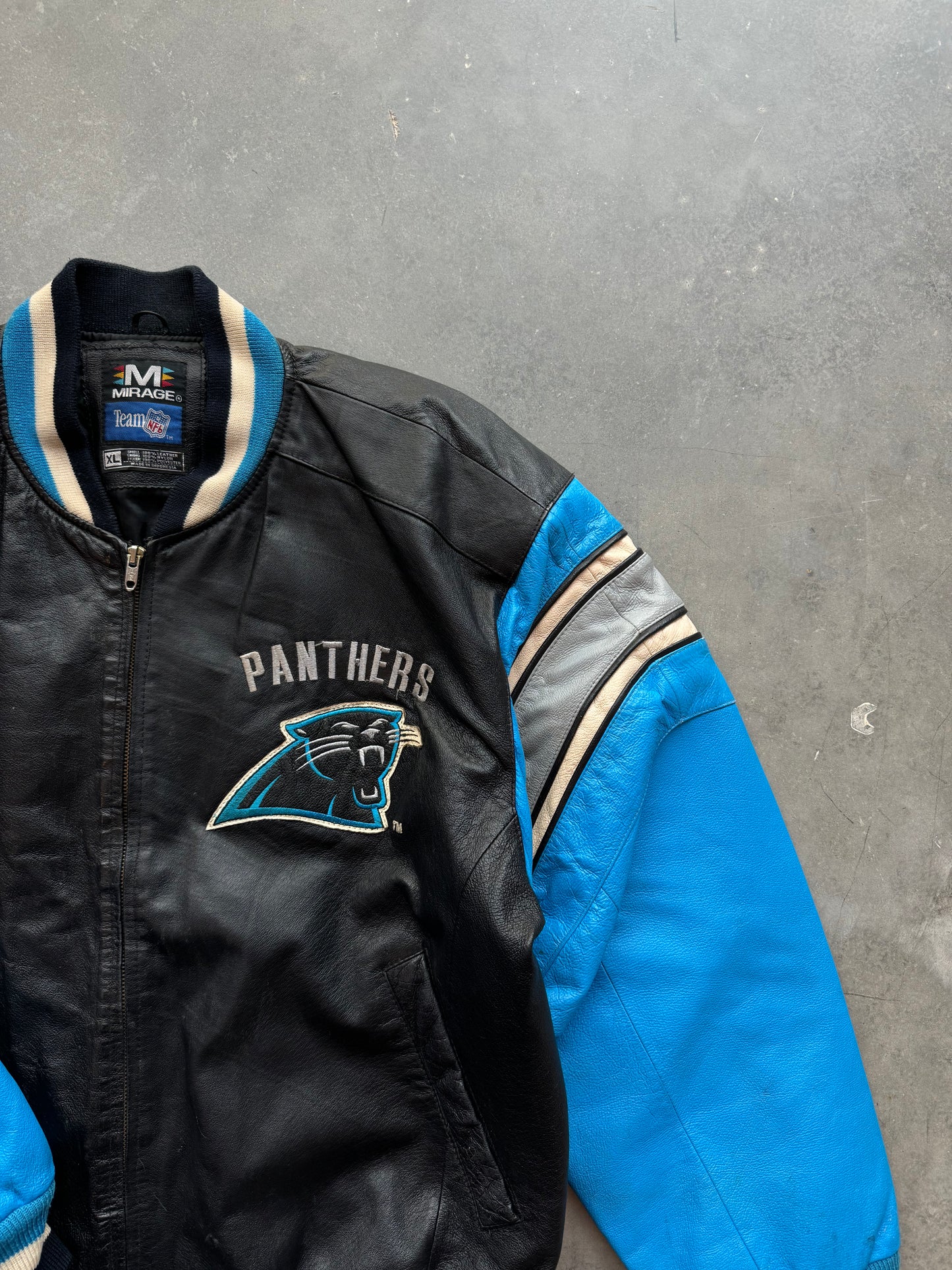 90’s Carolina Panthers Mirage Sportswear Vintage Heavyweight Genuine Leather NFL Jacket (XL)