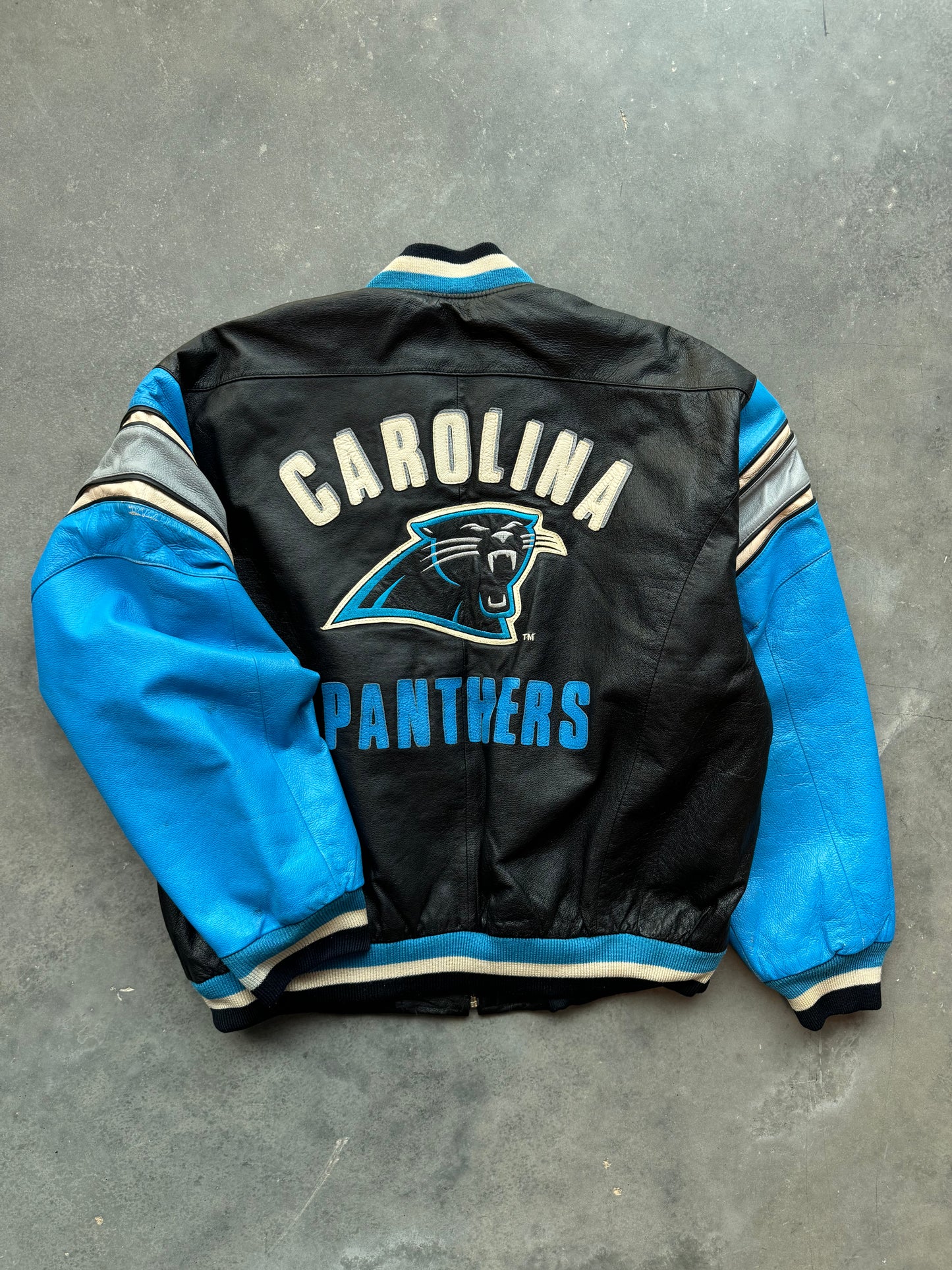 90’s Carolina Panthers Mirage Sportswear Vintage Heavyweight Genuine Leather NFL Jacket (XL)