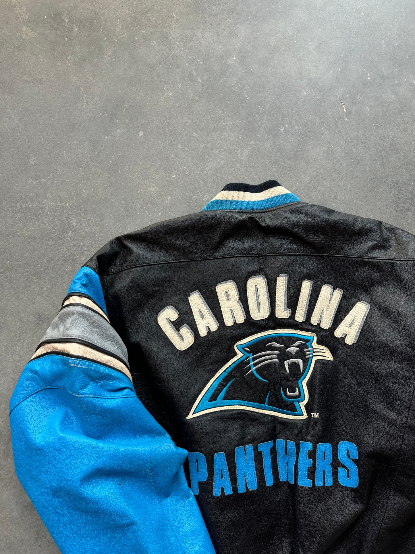 90’s Carolina Panthers Mirage Sportswear Vintage Heavyweight Genuine Leather NFL Jacket (XL)