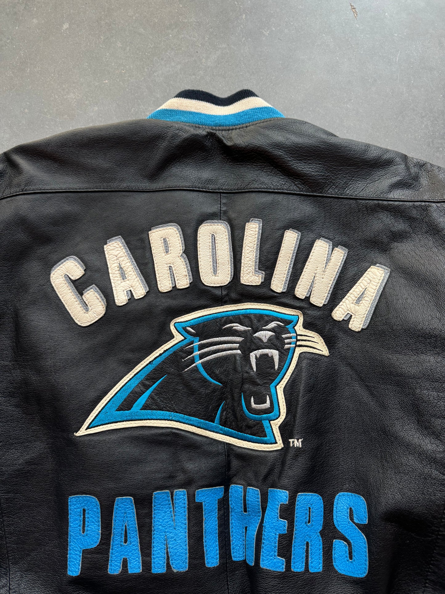 90’s Carolina Panthers Mirage Sportswear Vintage Heavyweight Genuine Leather NFL Jacket (XL)