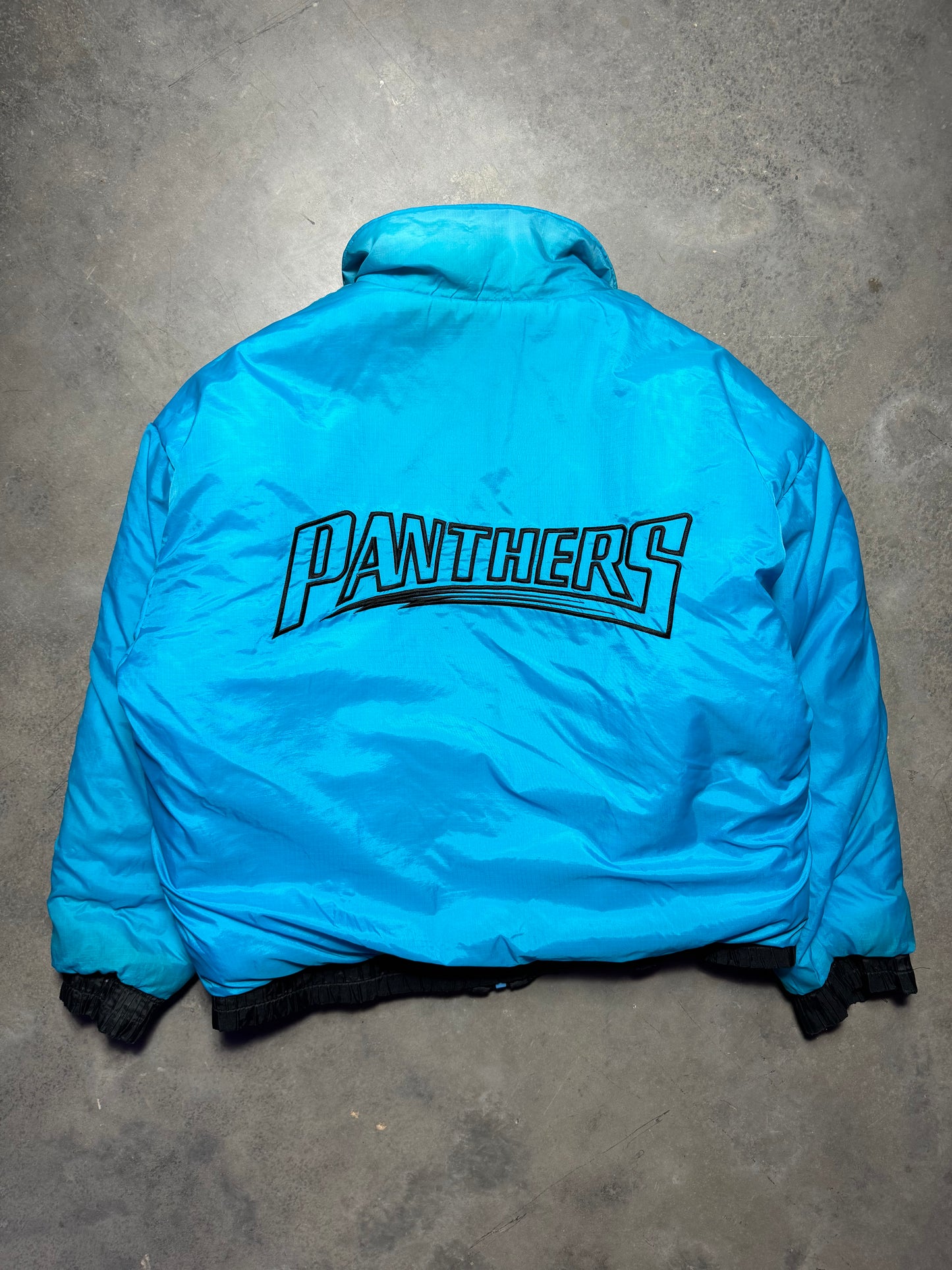 90’s Carolina Panthers Vintage Reversible Pro Player Repeat Logo NFL Puffer Jacket (Large)