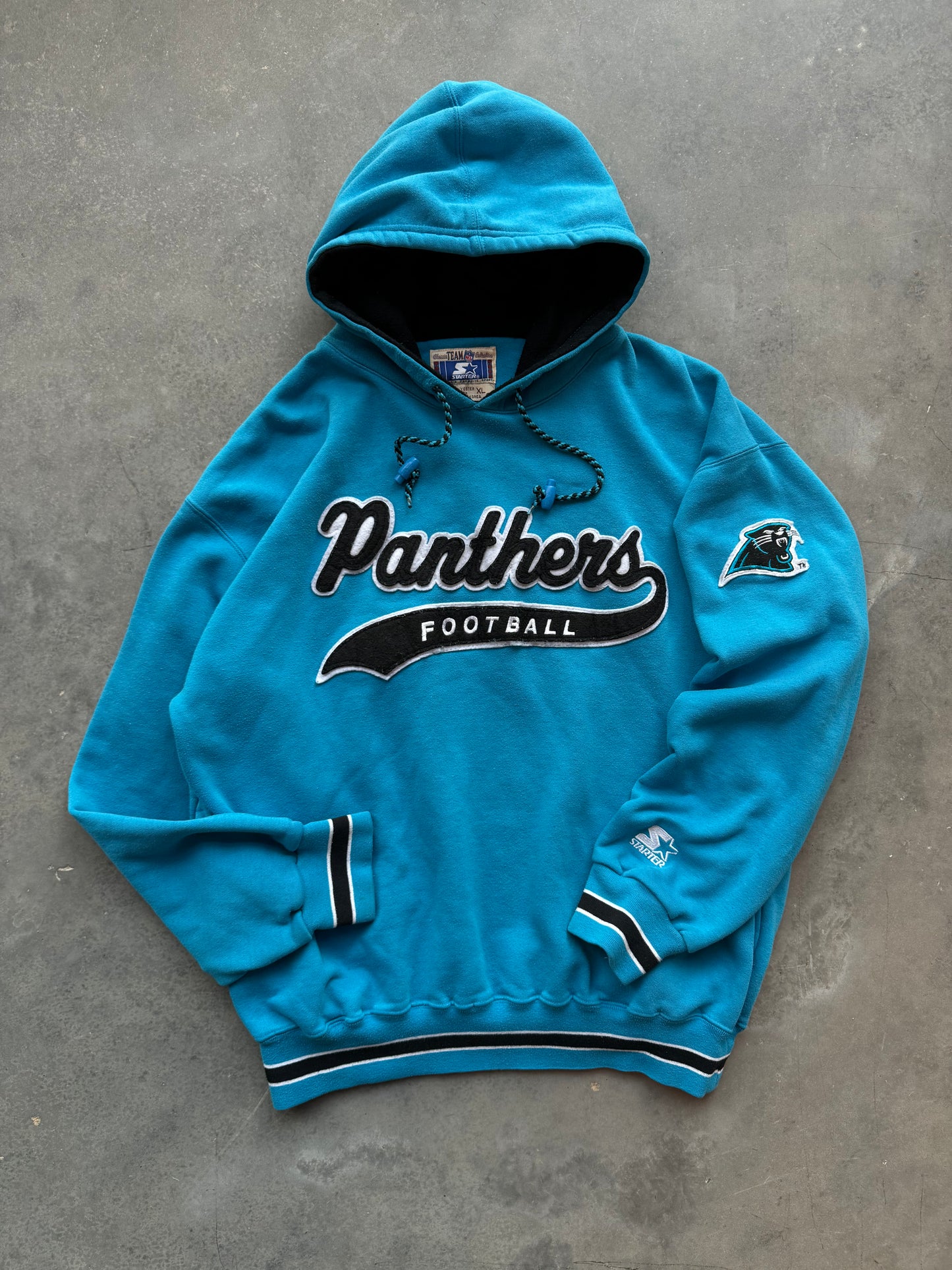 90’s Carolina Panthers Vintage Starter Electric Blue Script Tailsweep NFL Hoodie (XL)