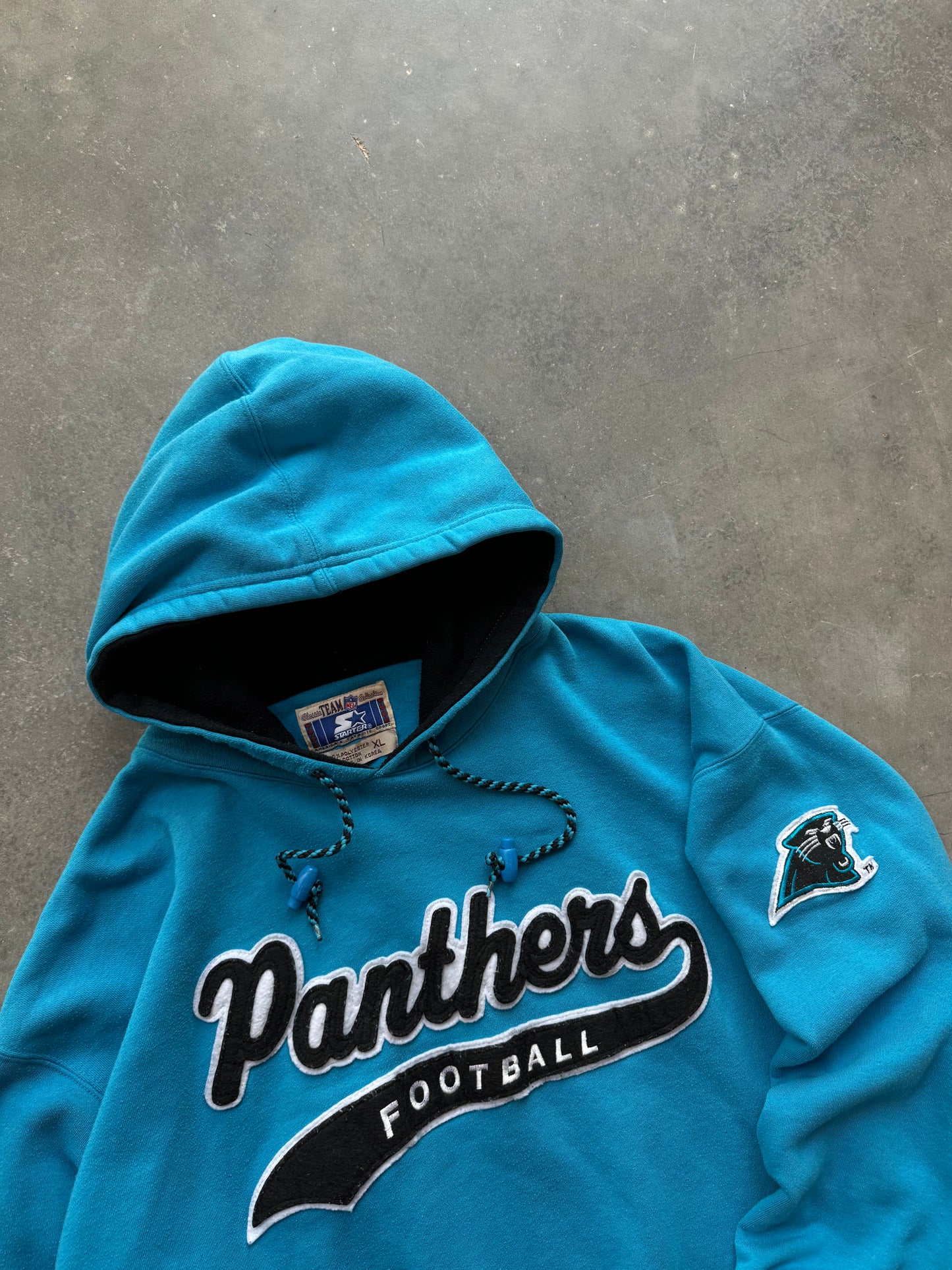 90’s Carolina Panthers Vintage Starter Electric Blue Script Tailsweep NFL Hoodie (XL)