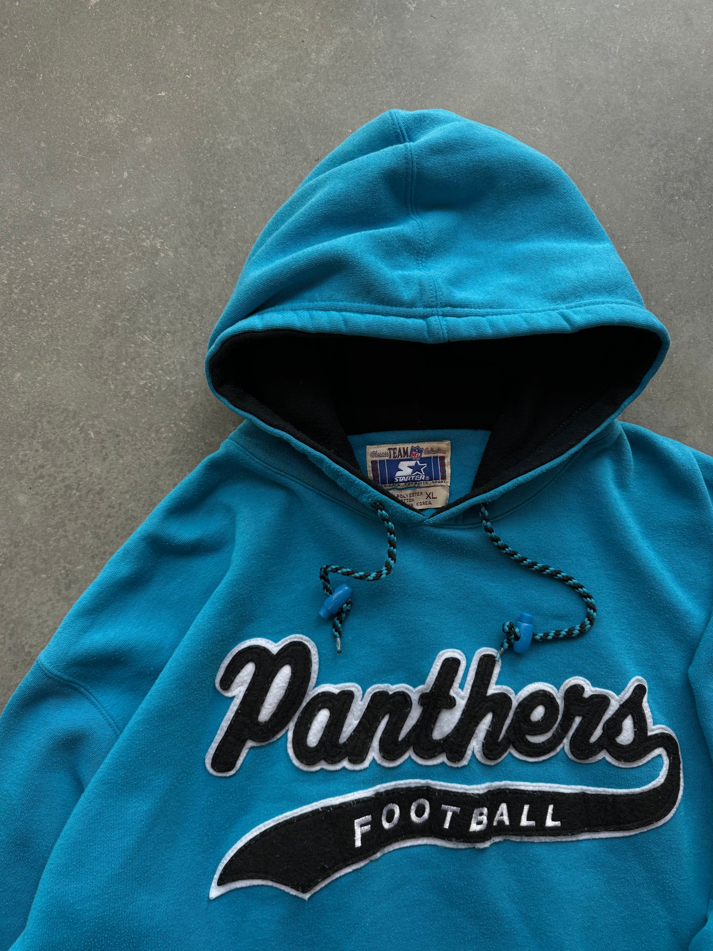 90’s Carolina Panthers Vintage Starter Electric Blue Script Tailsweep NFL Hoodie (XL)