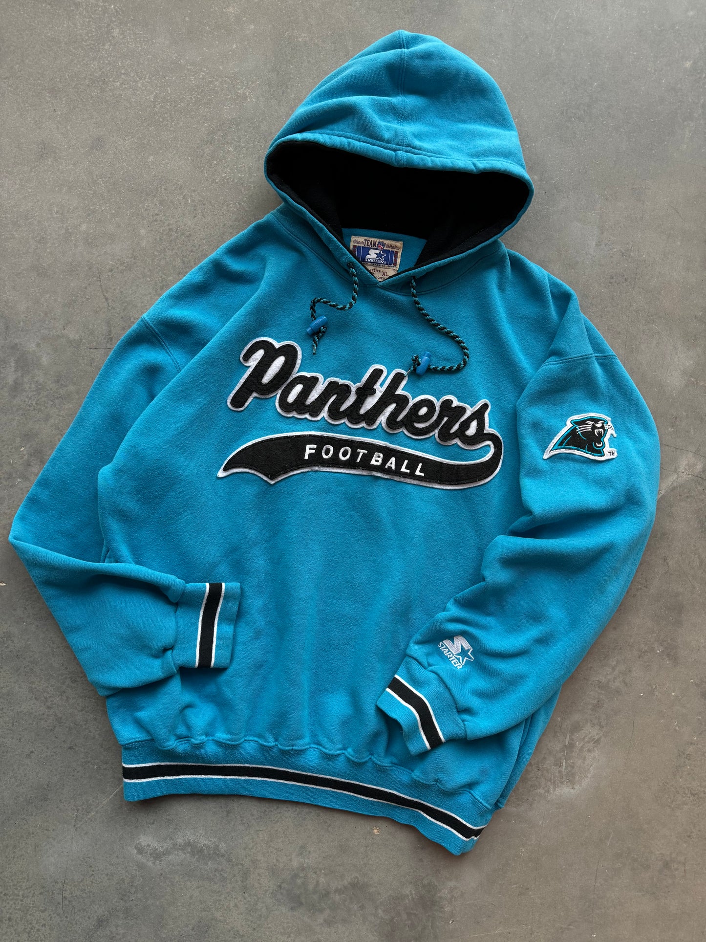 90’s Carolina Panthers Vintage Starter Electric Blue Script Tailsweep NFL Hoodie (XL)