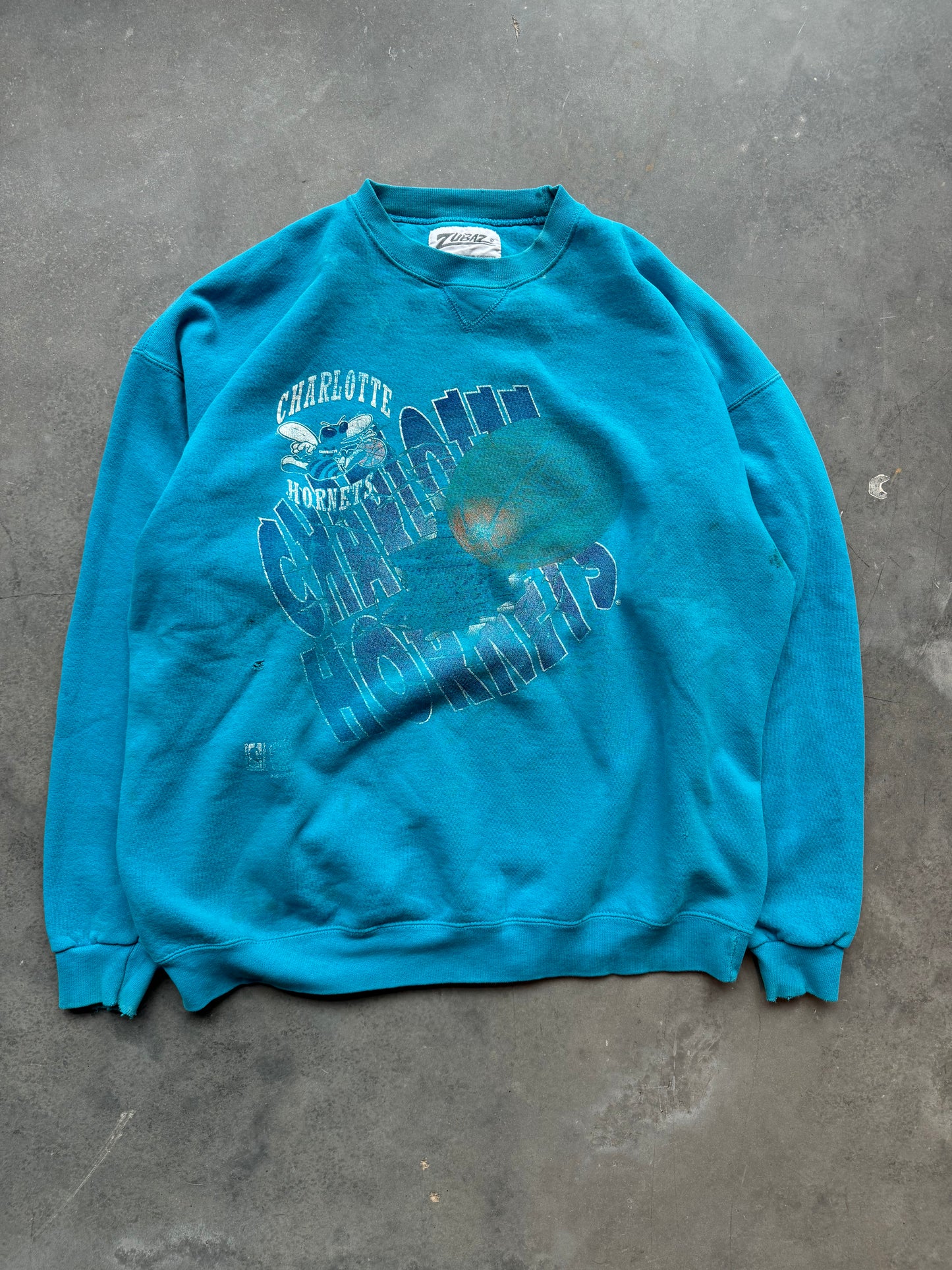 90’s Charlotte Hornets Vintage Zubaz Distressed Teal NBA Crewneck (XL)