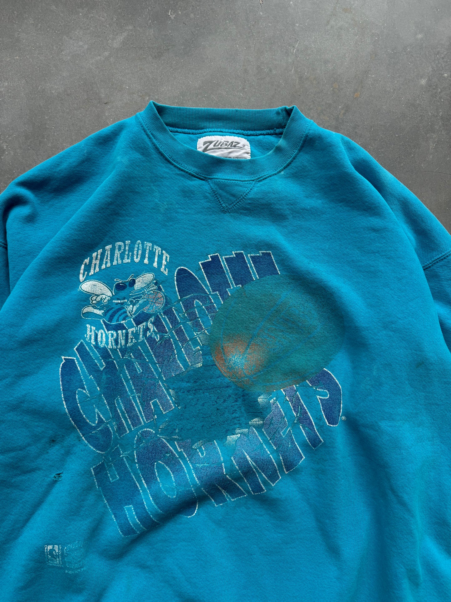 90’s Charlotte Hornets Vintage Zubaz Distressed Teal NBA Crewneck (XL)