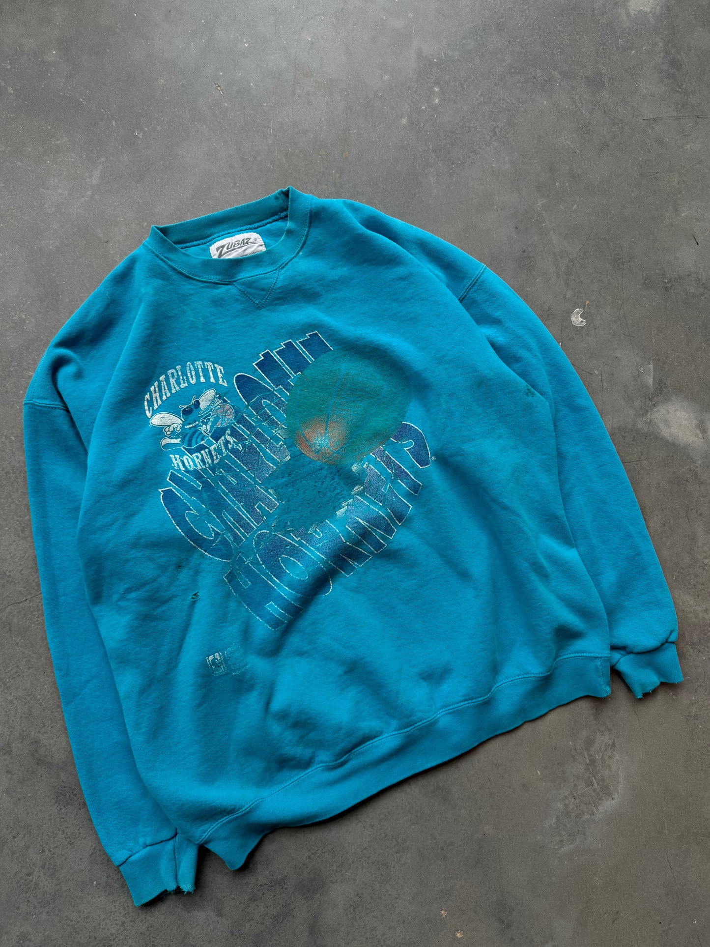 90’s Charlotte Hornets Vintage Zubaz Distressed Teal NBA Crewneck (XL)