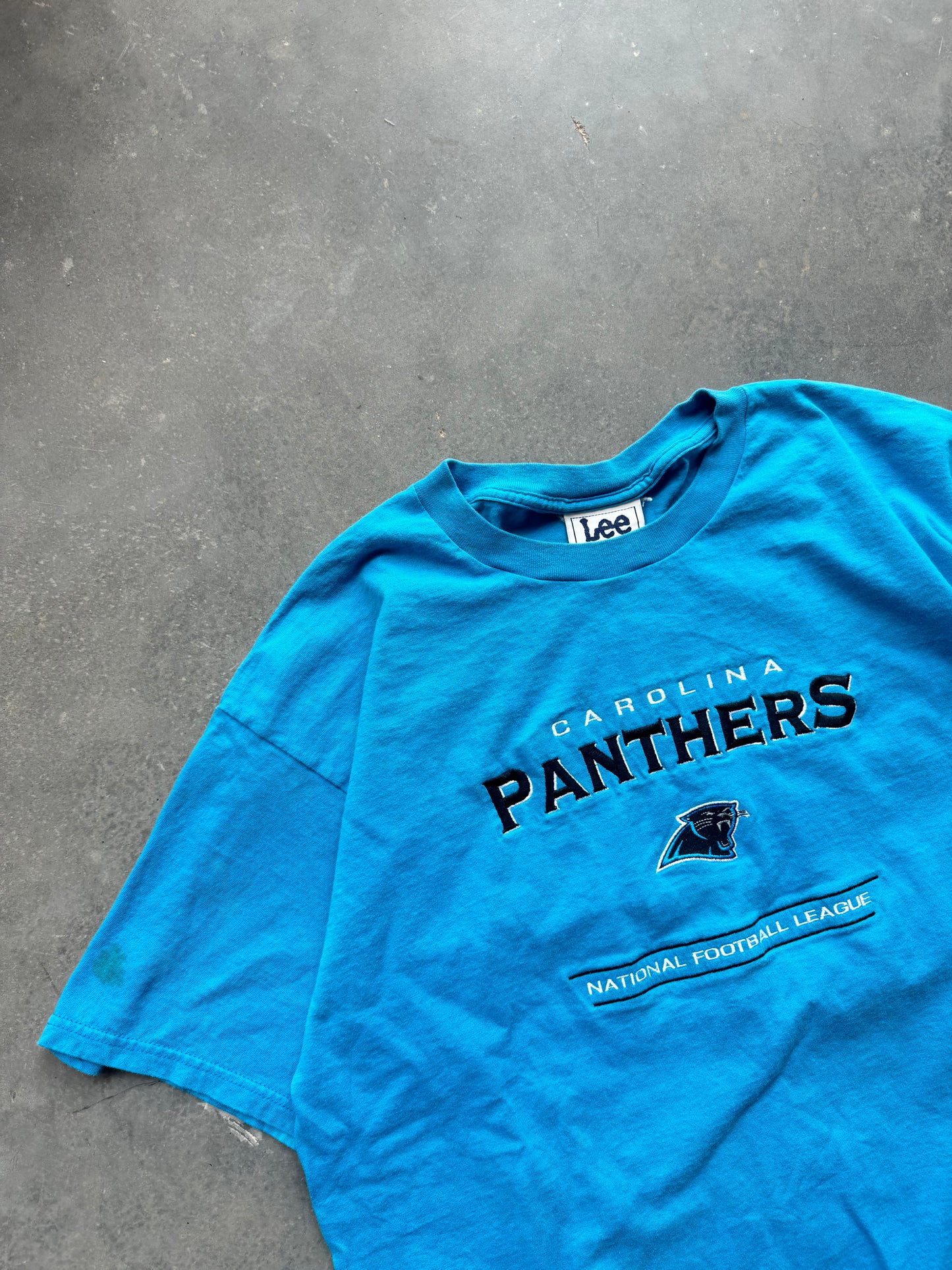 90’s Carolina Panthers Vintage Lee Sport Electric Blue Fully Embroidered NFL Tee (XL)