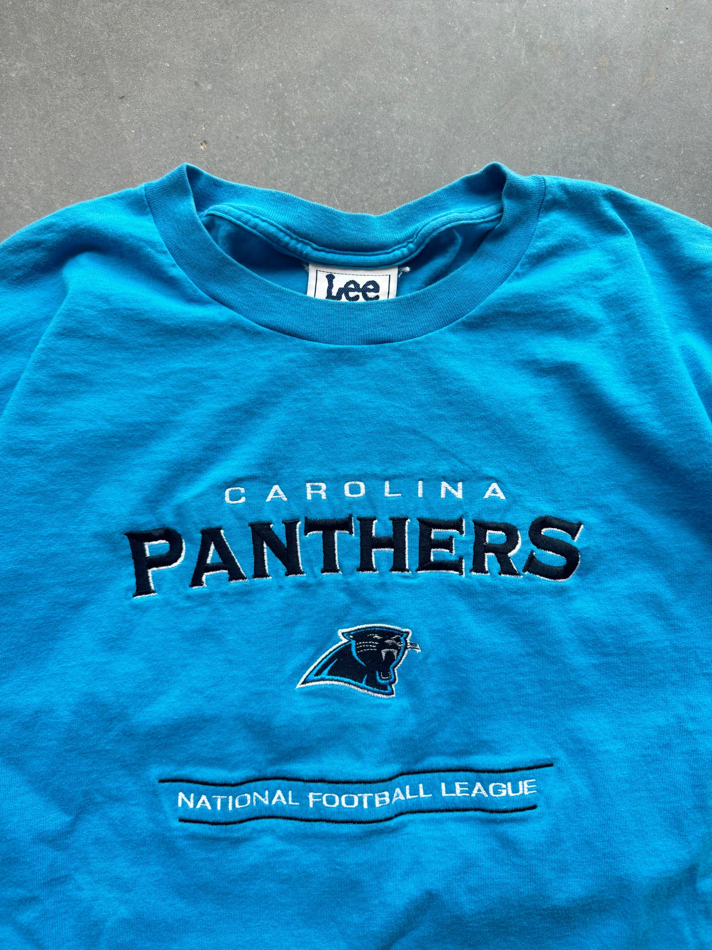 90’s Carolina Panthers Vintage Lee Sport Electric Blue Fully Embroidered NFL Tee (XL)