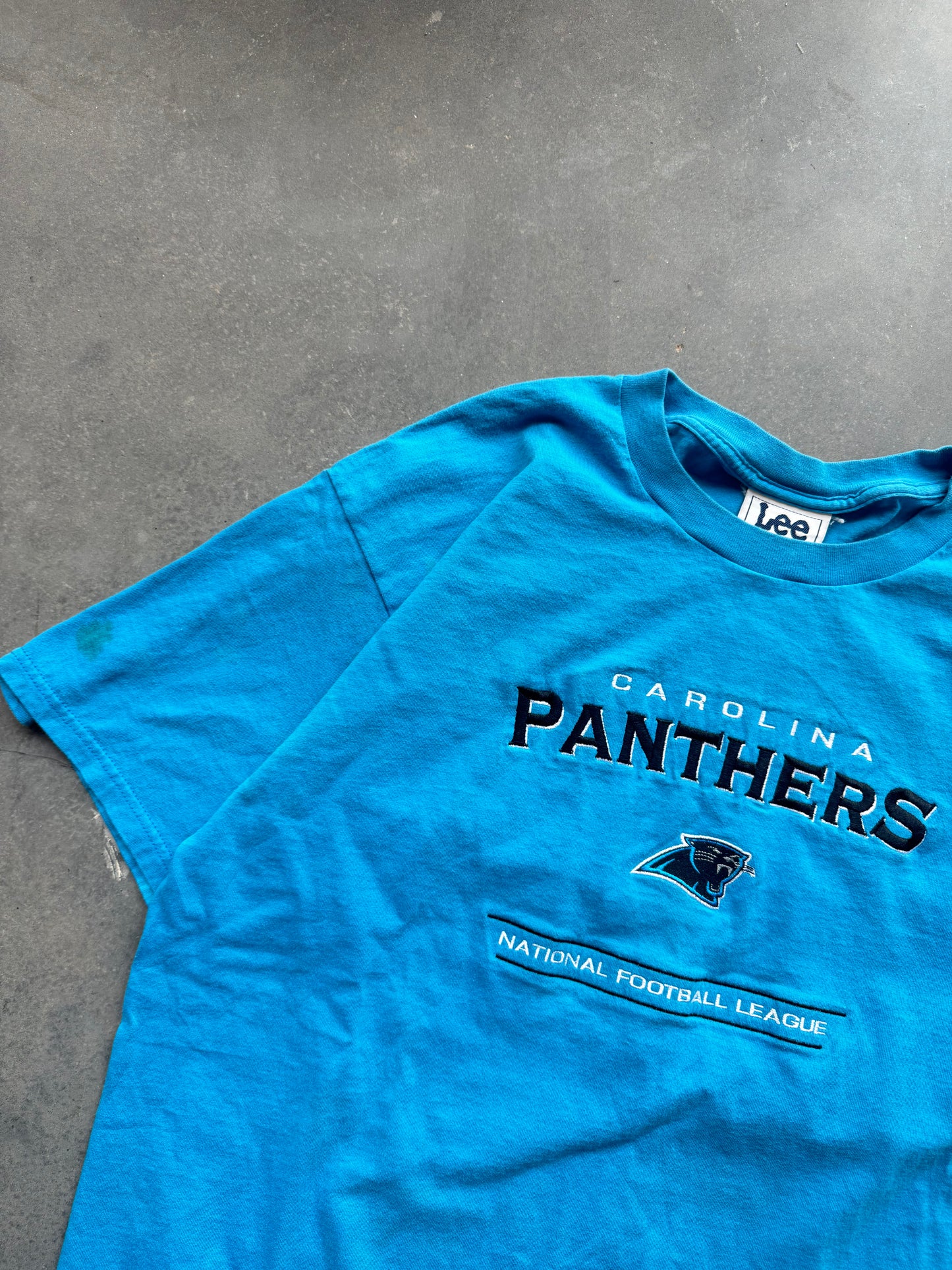 90’s Carolina Panthers Vintage Lee Sport Electric Blue Fully Embroidered NFL Tee (XL)