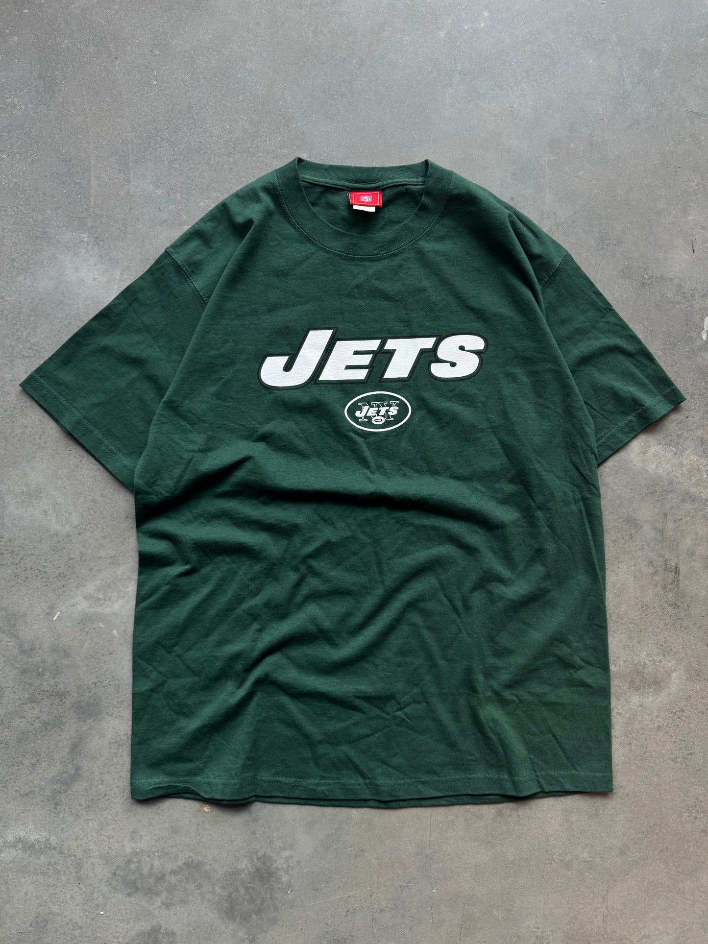 00’s New York Jets Vintage Dark Green Wordmark NFL Tee (Large)