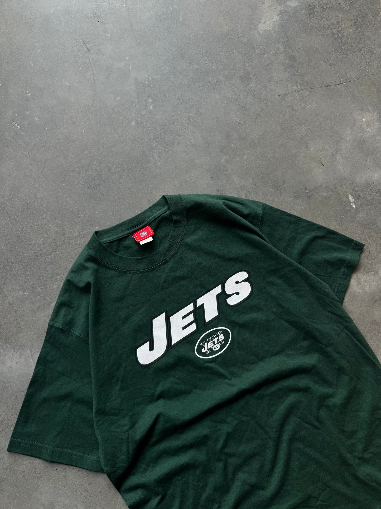 00’s New York Jets Vintage Dark Green Wordmark NFL Tee (Large)