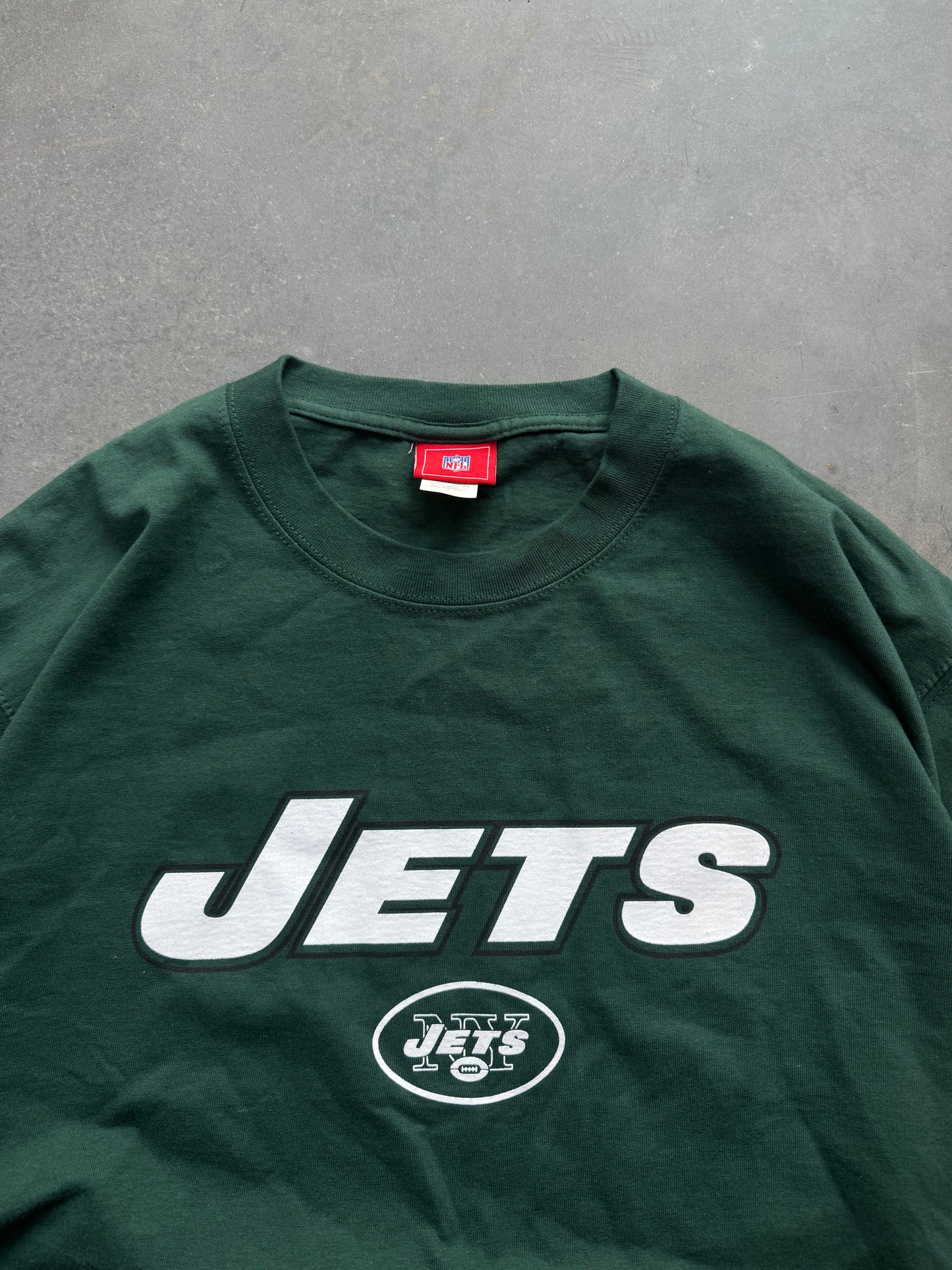 00’s New York Jets Vintage Dark Green Wordmark NFL Tee (Large)