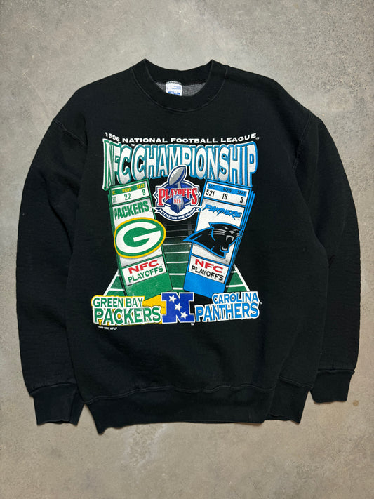 1997 Carolina Panthers vs. Green Bay Packers Vintage Black Salem Sportswear NFC Championship Ticket Stub Match Up Heavyweight NFL Crewneck (Medium)