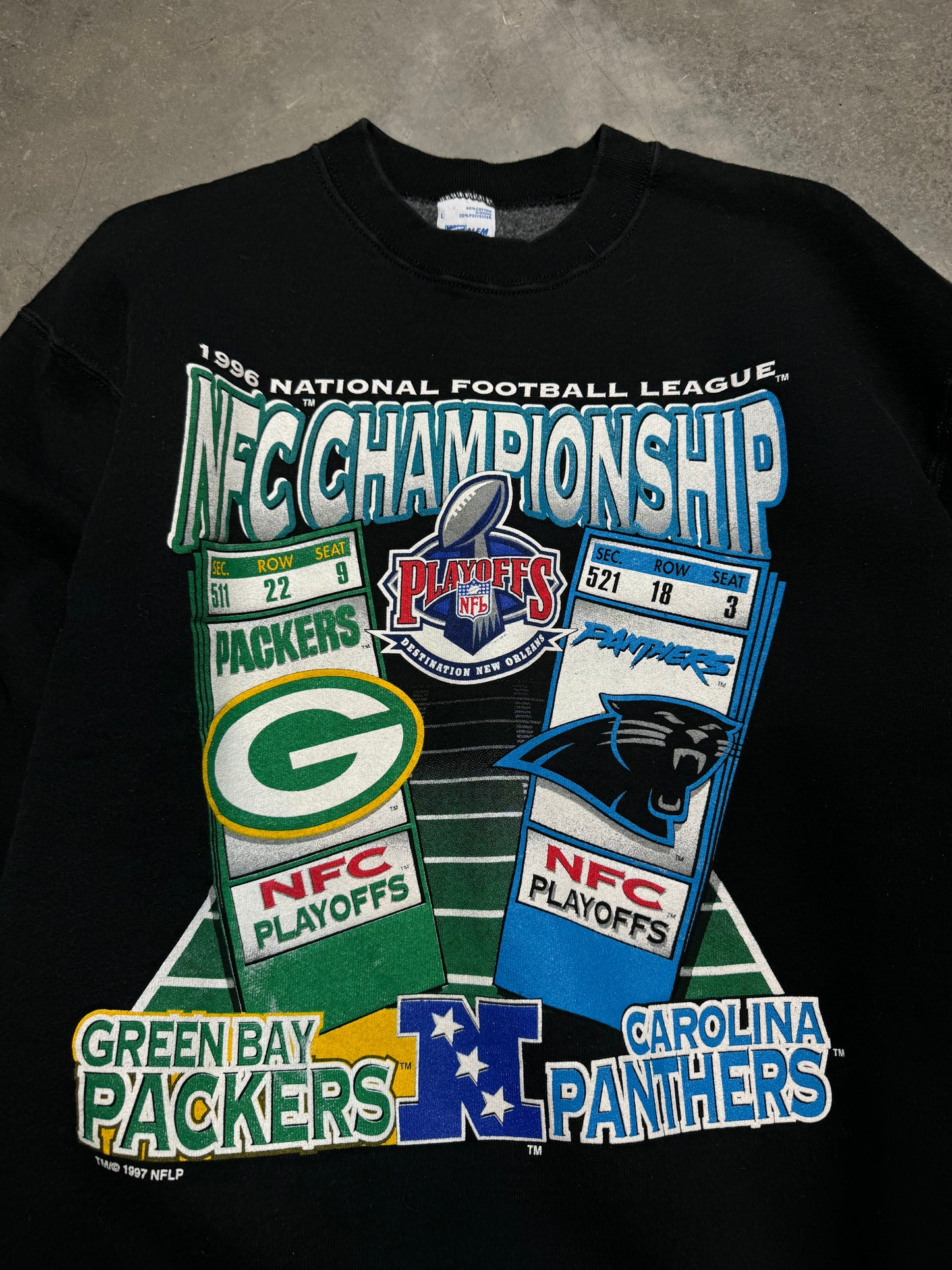 1997 Carolina Panthers vs. Green Bay Packers Vintage Black Salem Sportswear NFC Championship Ticket Stub Match Up Heavyweight NFL Crewneck (Medium)