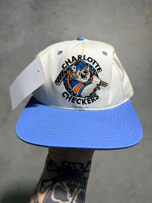 90’s Charlotte Checkers Vintage White Plain Logo ECHL Hockey Snapback Hat (OSFA)