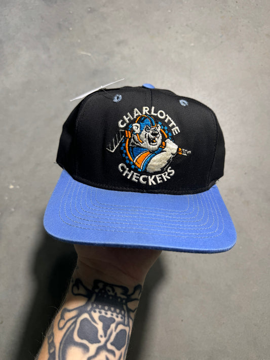 90’s Charlotte Checkers Vintage Black Plain Logo ECHL Hockey Snapback Hat (OSFA)