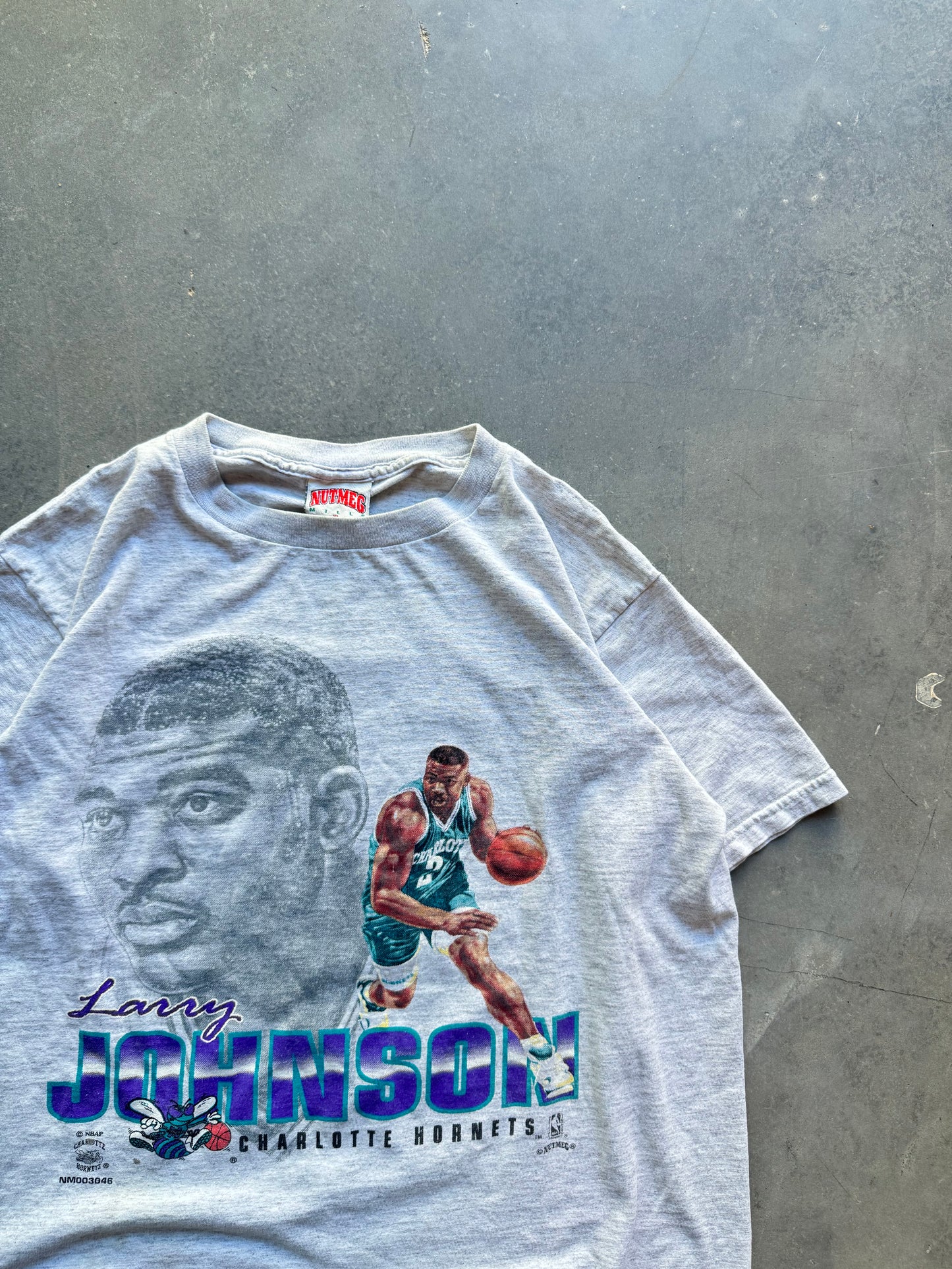 90’s Charlotte Hornets Larry Johnson Vintage Nutmeg Mills Big Face Player Tee (Youth XL)