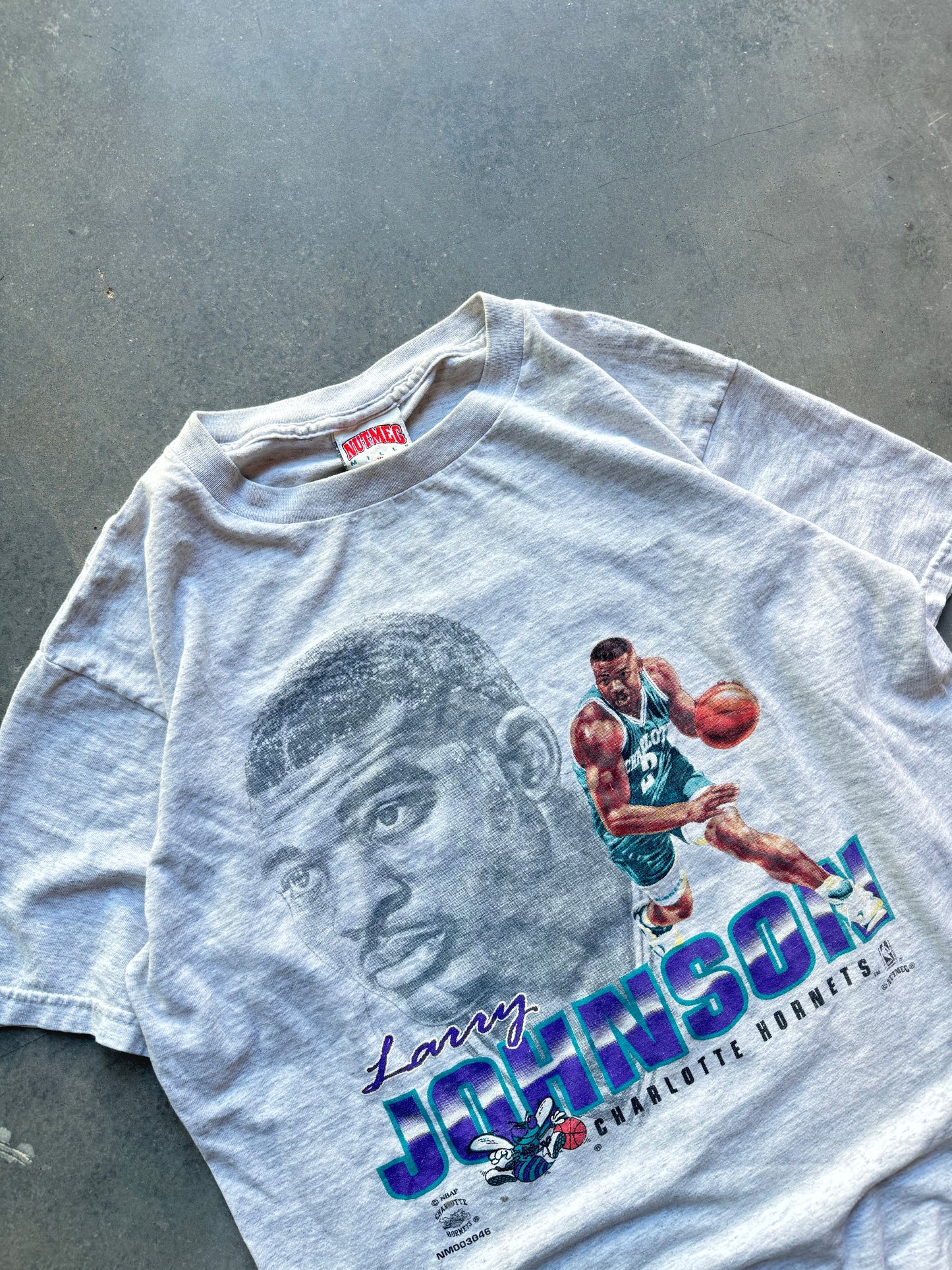 90’s Charlotte Hornets Larry Johnson Vintage Nutmeg Mills Big Face Player Tee (Youth XL)