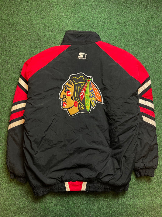90’s Chicago Blackhawks Vintage Starter NHL Hockey Puffer Jacket (Medium)