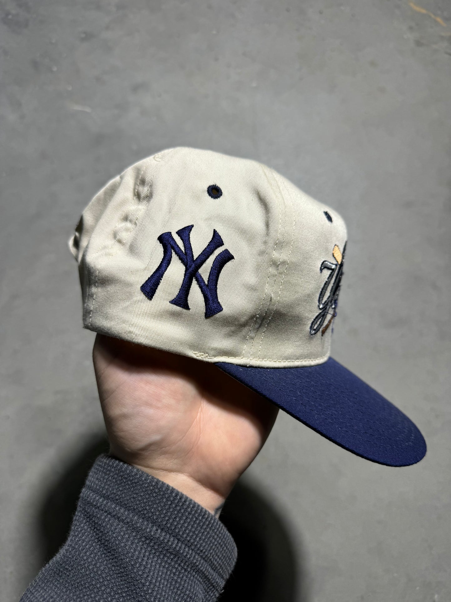 90’s New York Yankees Vintage Khaki Navy Multi Logo MLB Snapback Hat (OSFA)