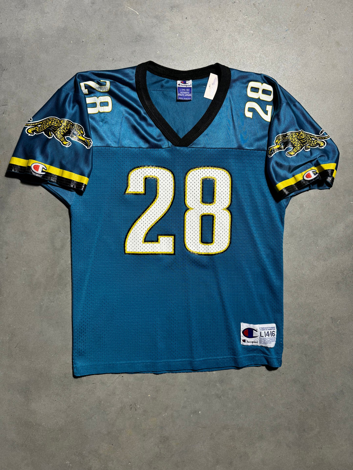 90’s Jacksonville Jaguars Fred Taylor Vintage Teal Prowler Logo Champion NFL Jersey (Youth Large)