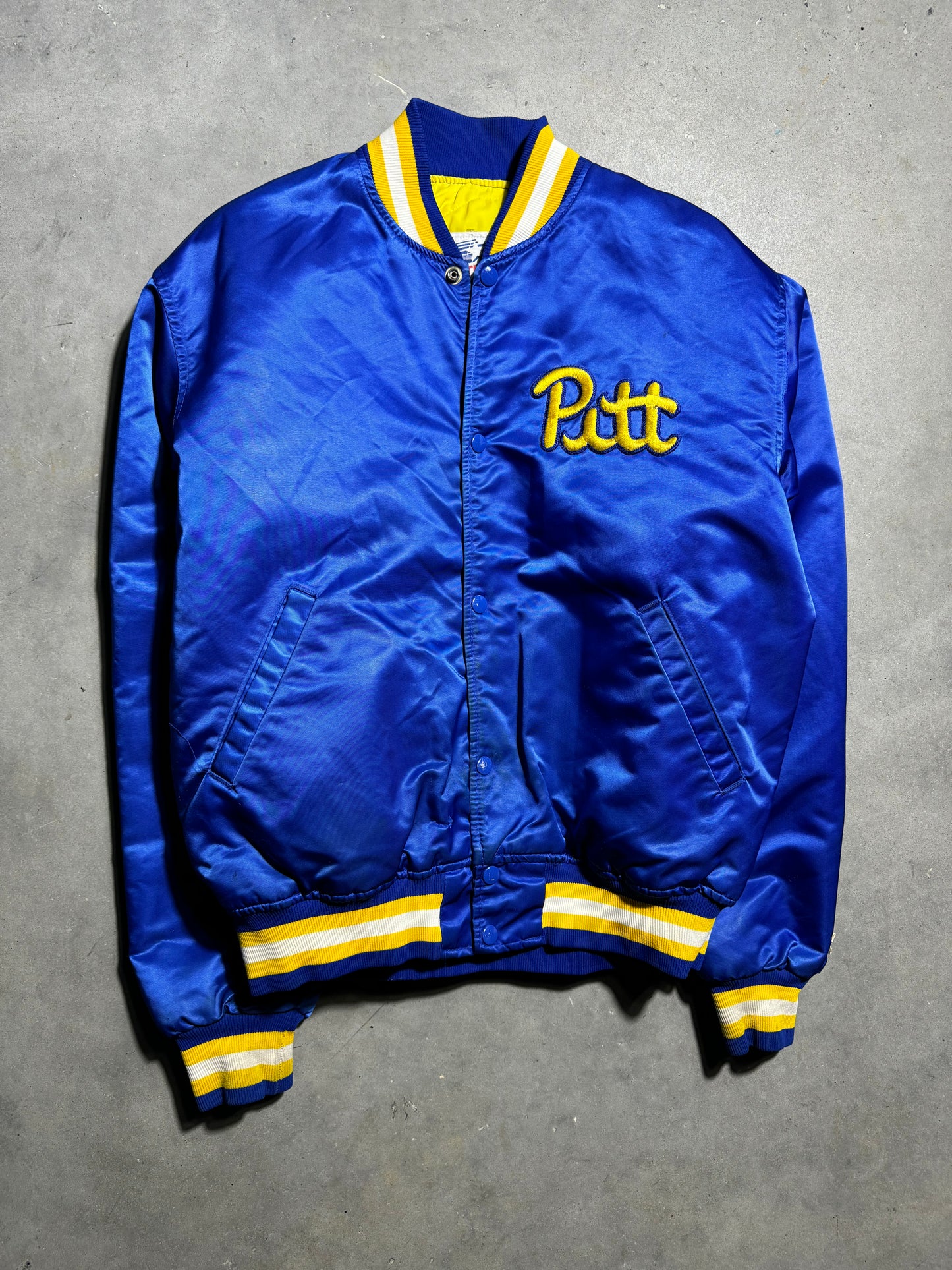 80’s Pittsburgh Panthers Vintage Script Logo College Starter Satin Jacket (Large)