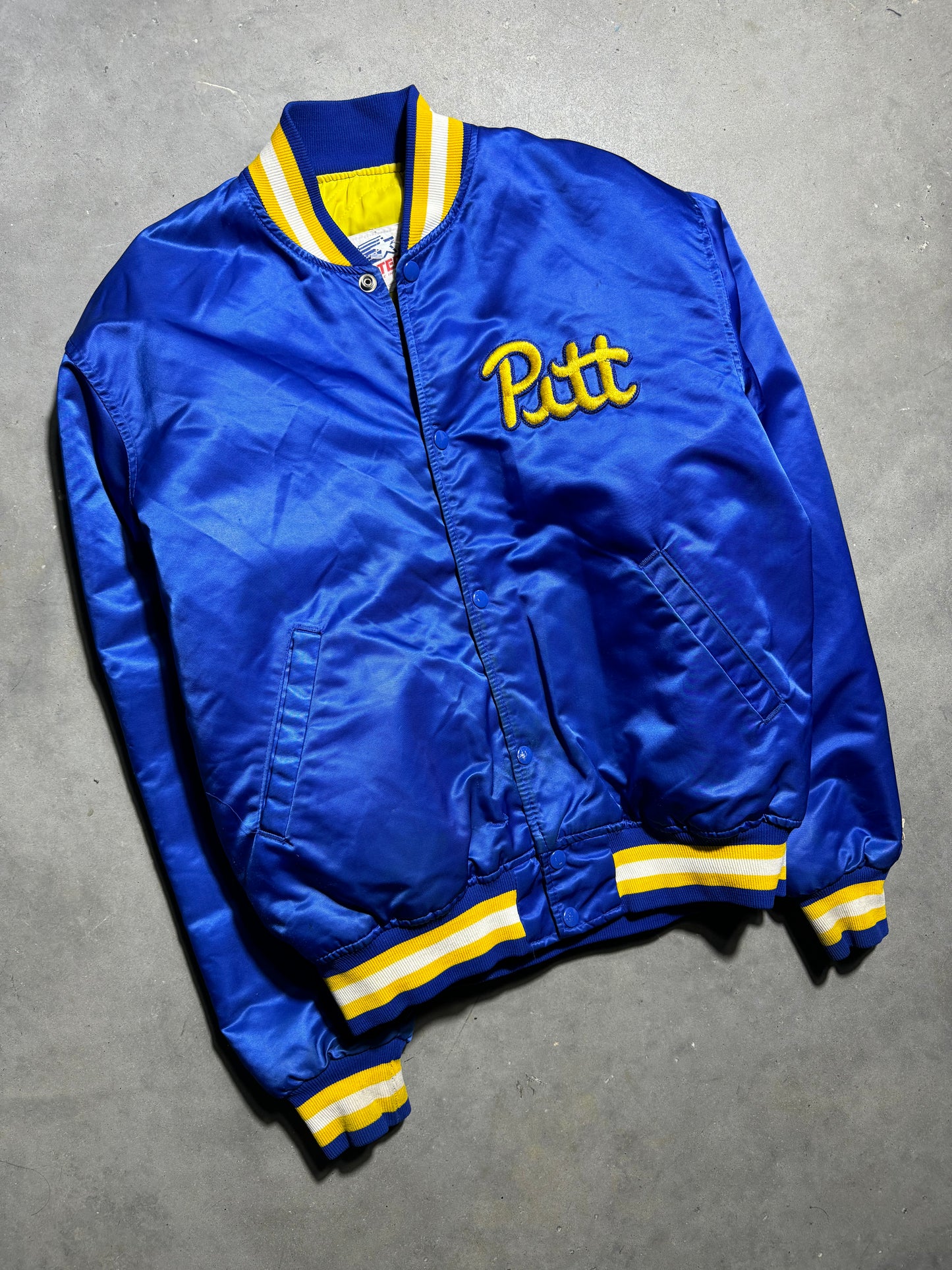 80’s Pittsburgh Panthers Vintage Script Logo College Starter Satin Jacket (Large)