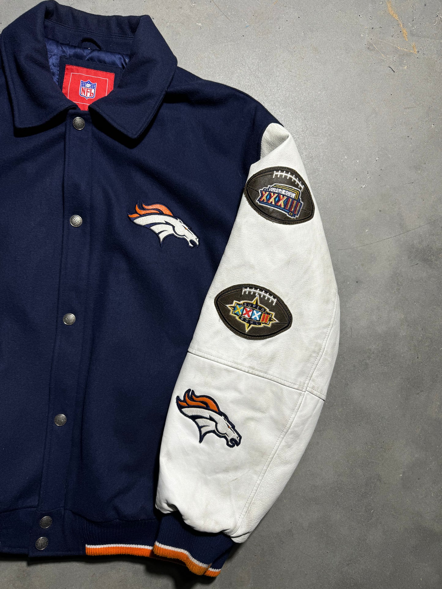 1999 Denver Broncos 2 Time Super Bowl Champions Multi Patch Leather Letterman NFL Varsity Jacket (XXL)