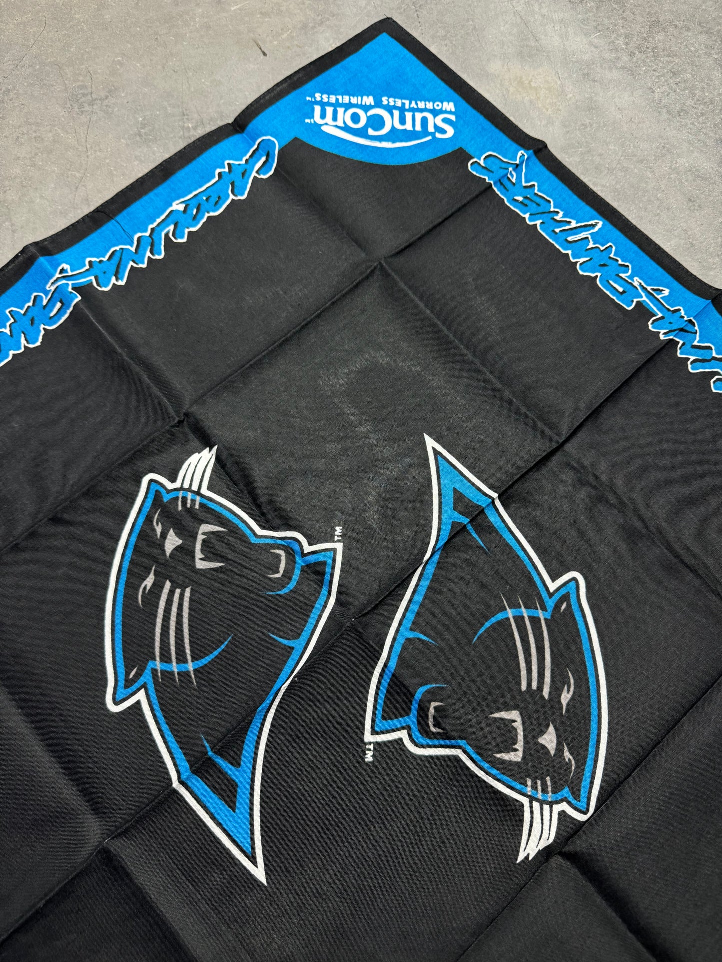 90’s Carolina Panthers x Sun Com Wireless Vintage Cat Scratch Font NFL Bandana - Deadstock