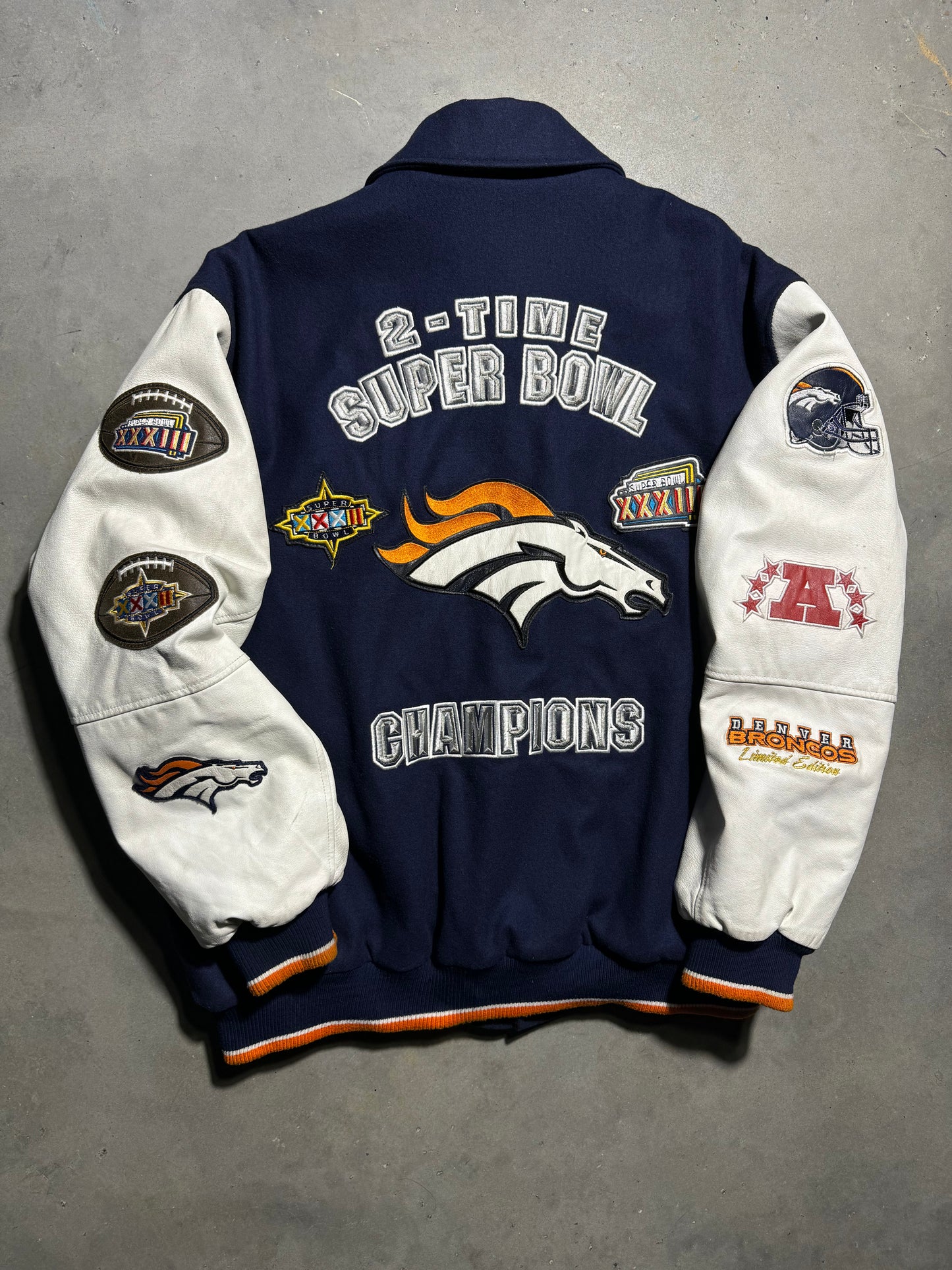 1999 Denver Broncos 2 Time Super Bowl Champions Multi Patch Leather Letterman NFL Varsity Jacket (XXL)