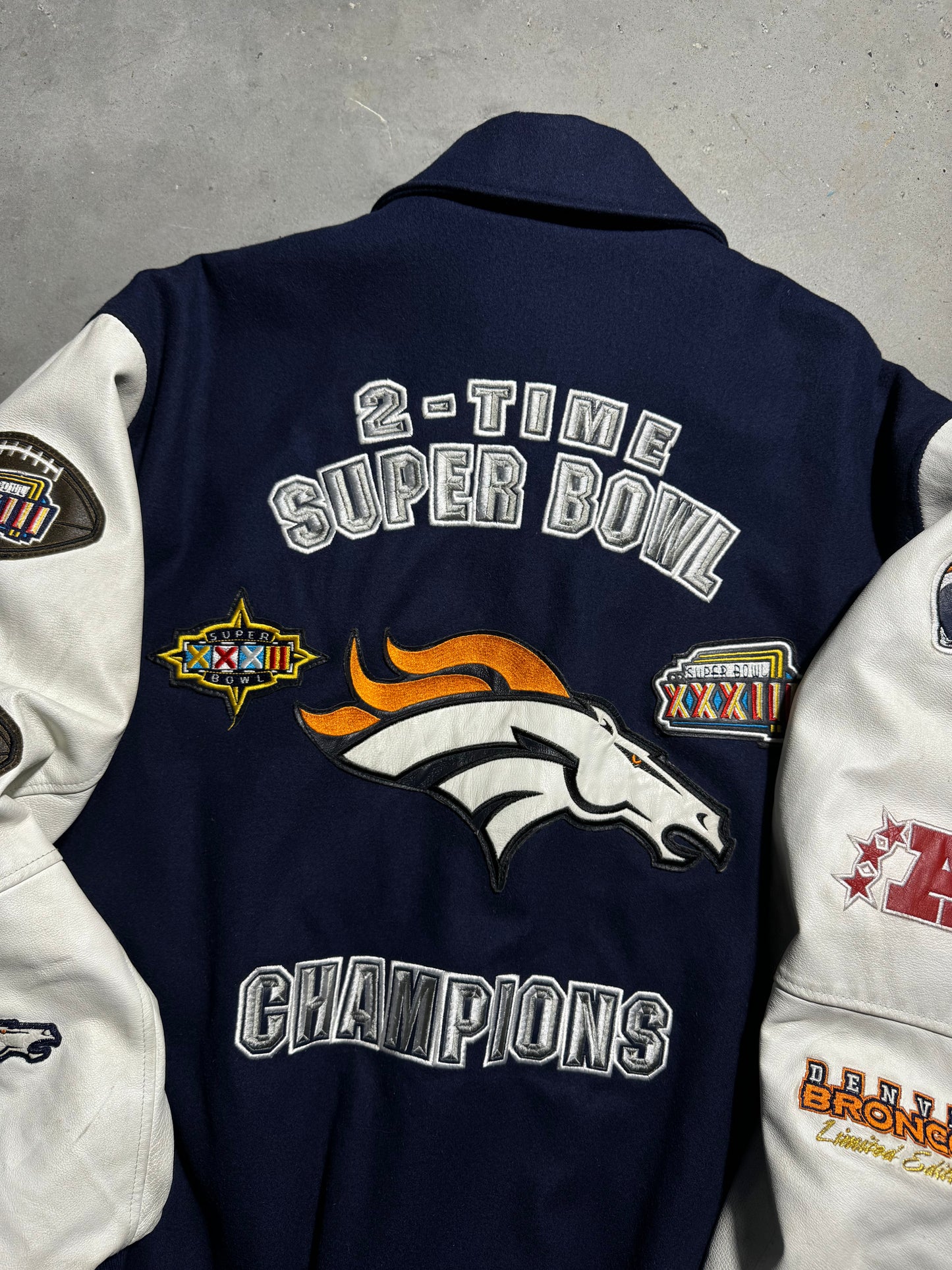1999 Denver Broncos 2 Time Super Bowl Champions Multi Patch Leather Letterman NFL Varsity Jacket (XXL)