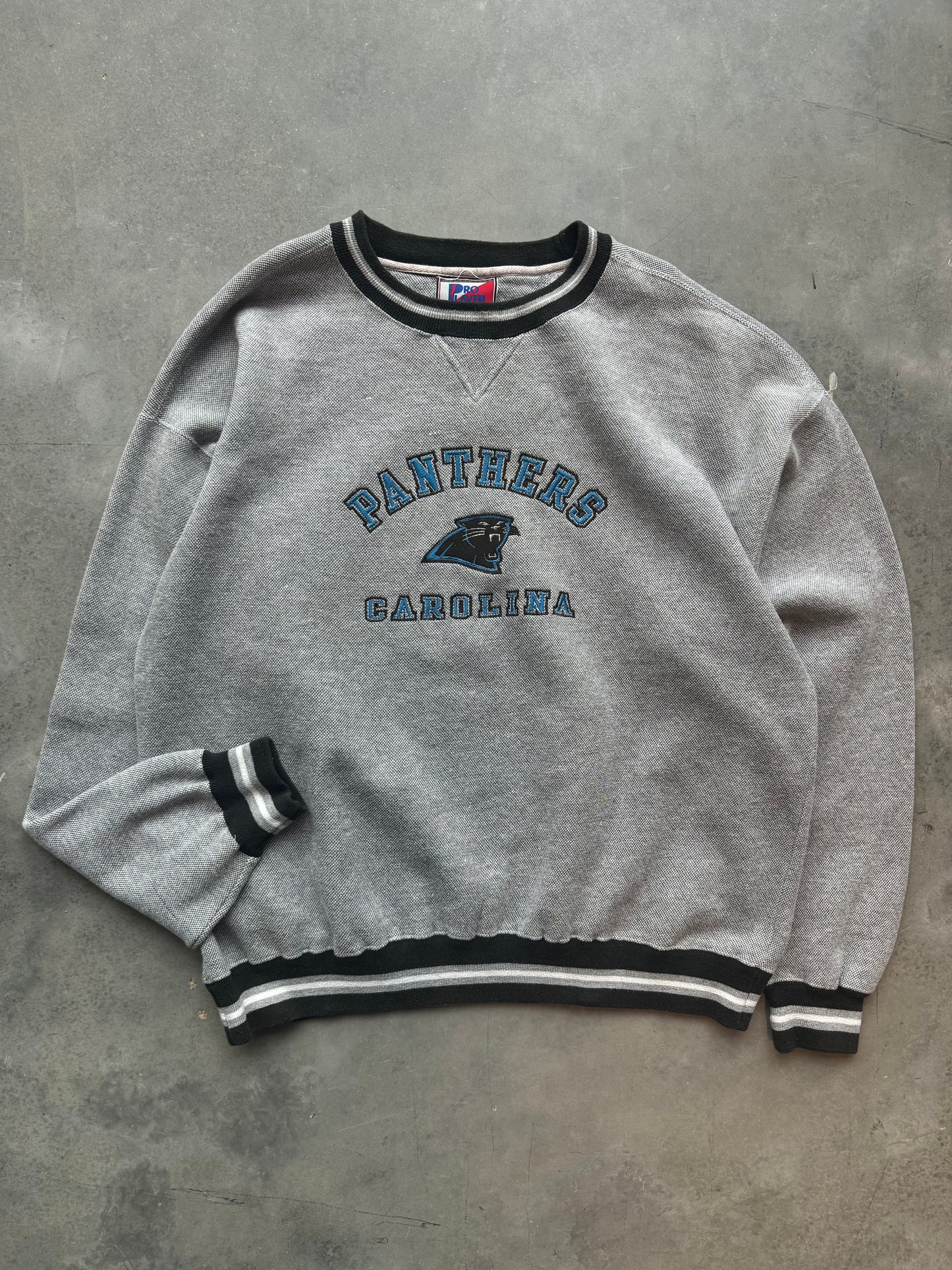 90’s Carolina Panthers Vintage Pro Player Knitted Embroidered Heavyweight NFL Crewneck (XXL)