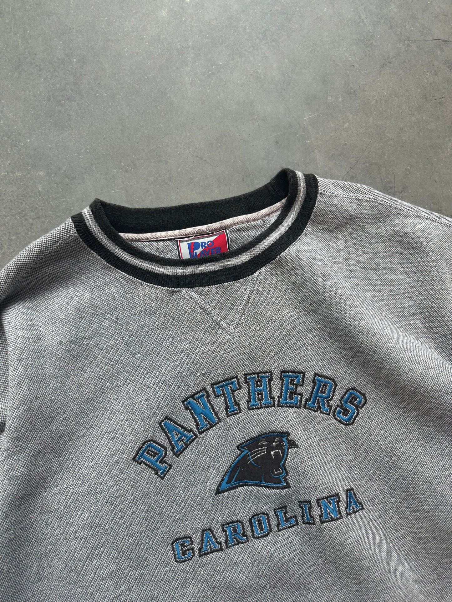 90’s Carolina Panthers Vintage Pro Player Knitted Embroidered Heavyweight NFL Crewneck (XXL)