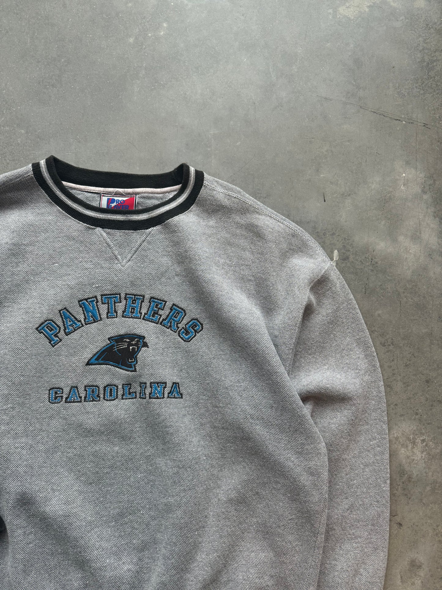 90’s Carolina Panthers Vintage Pro Player Knitted Embroidered Heavyweight NFL Crewneck (XXL)