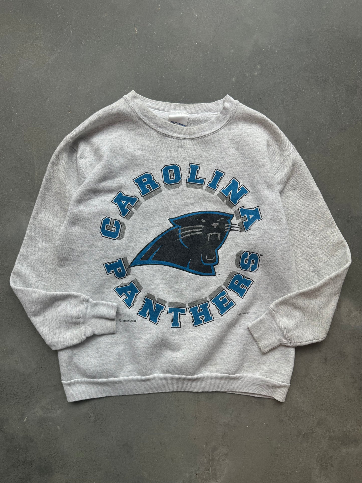 1993 Carolina Panthers Vintage Locker Line Heather Grey Sphere Spellout NFL Crewneck (Medium)