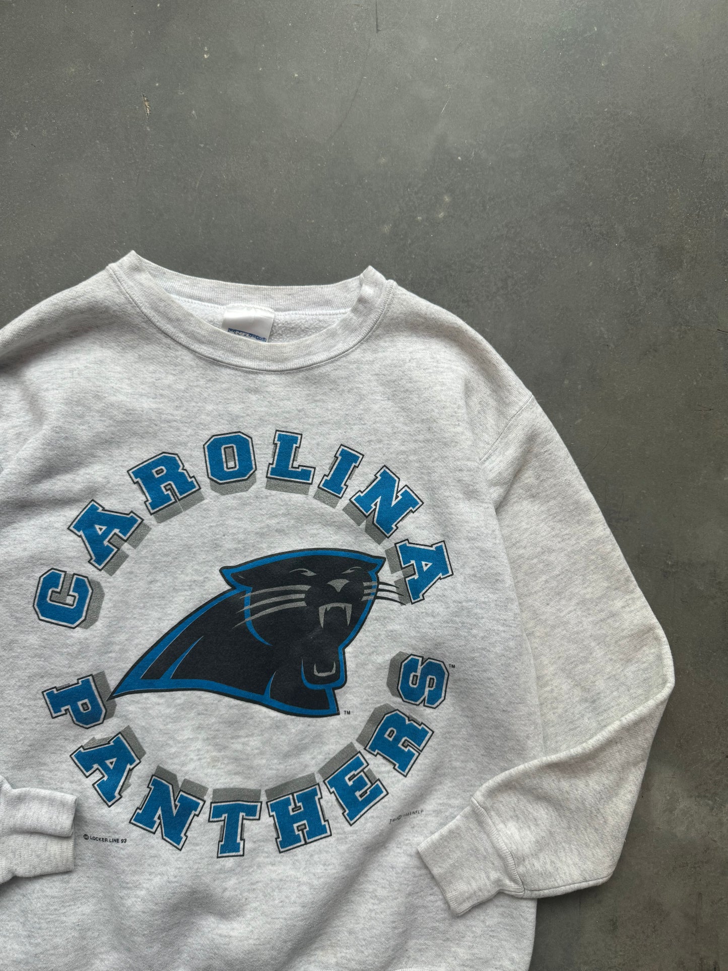 1993 Carolina Panthers Vintage Locker Line Heather Grey Sphere Spellout NFL Crewneck (Medium)