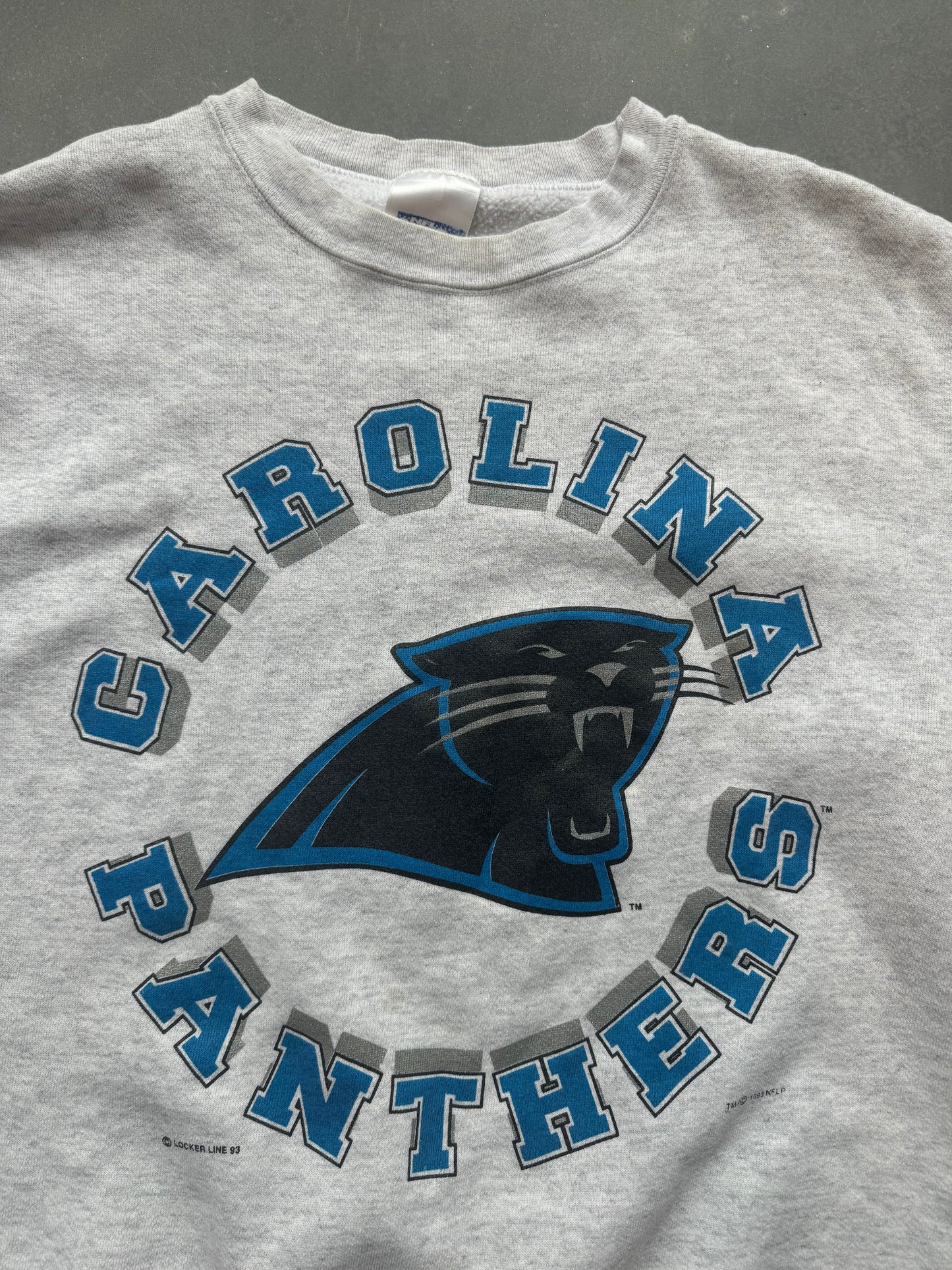 1993 Carolina Panthers Vintage Locker Line Heather Grey Sphere Spellout NFL Crewneck (Medium)