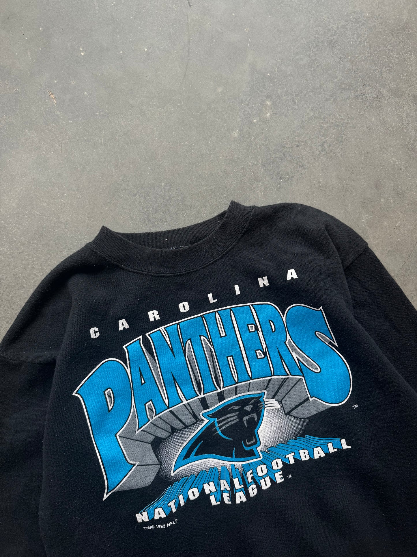 1993 Carolina Panthers Vintage Block Letter Spellout Burst Graphic NFL Crewneck (Medium)