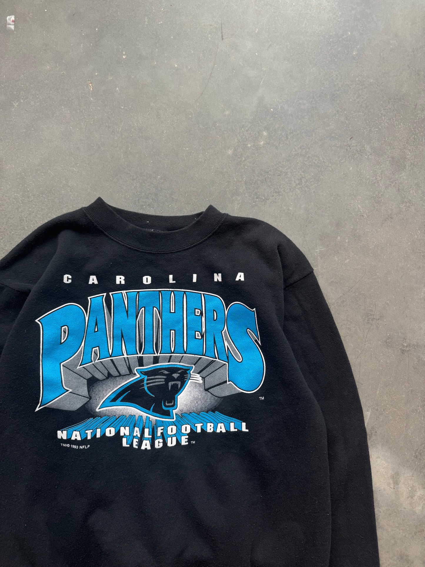 1993 Carolina Panthers Vintage Block Letter Spellout Burst Graphic NFL Crewneck (Medium)