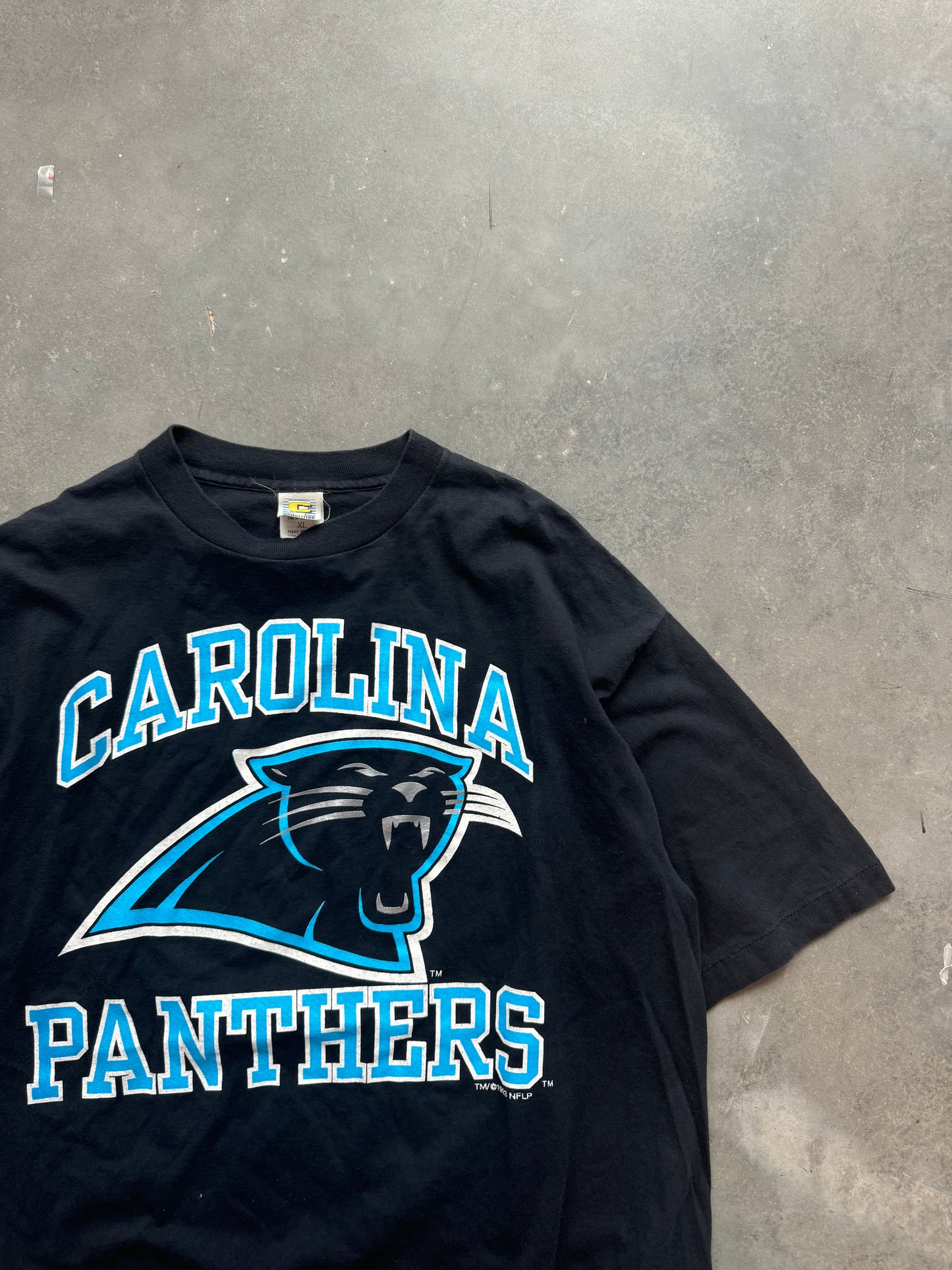 1993 Carolina Panthers Vintage Block Letter Spellout Big Logo NFL Tee (XL)