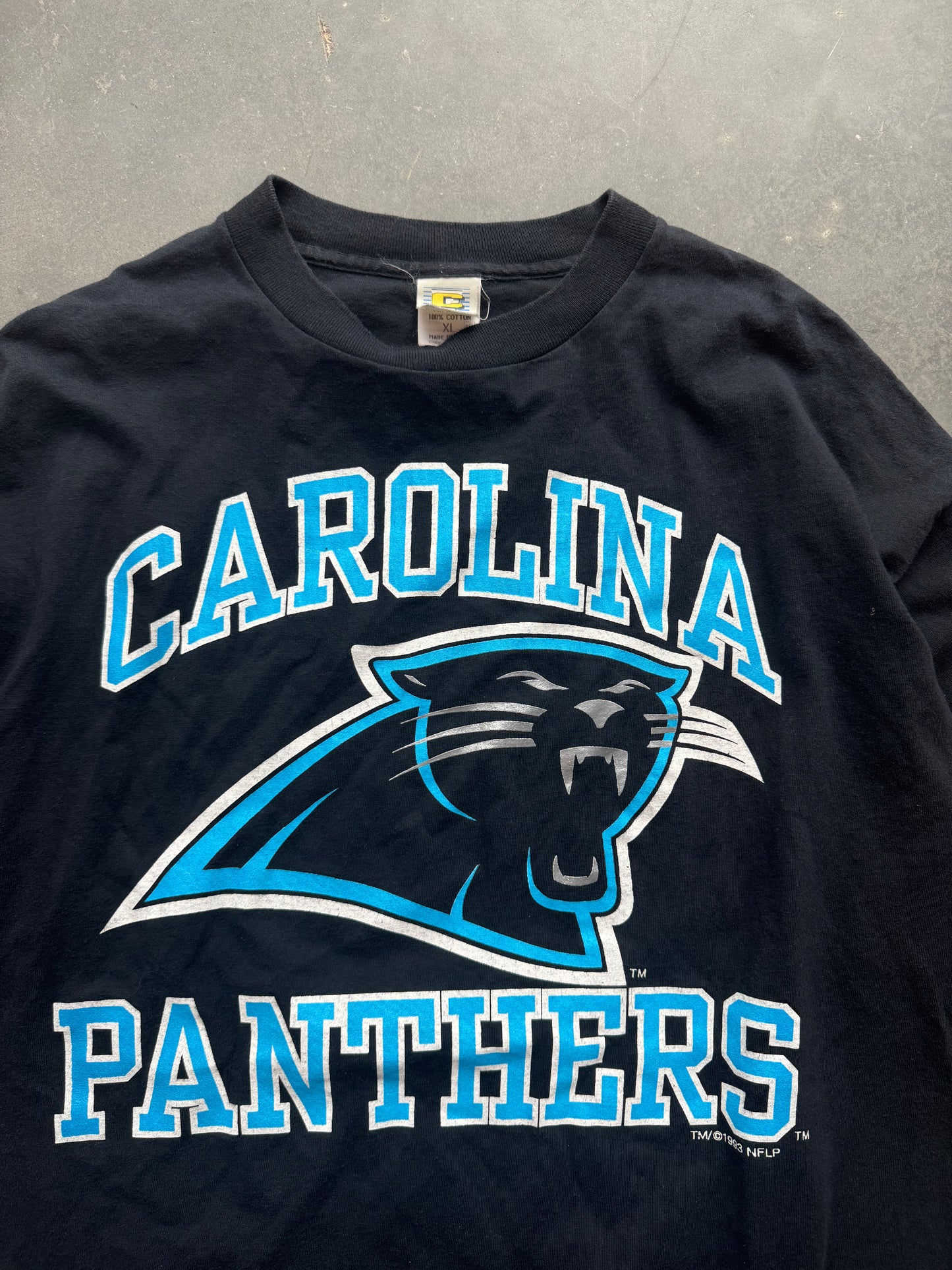 1993 Carolina Panthers Vintage Block Letter Spellout Big Logo NFL Tee (XL)